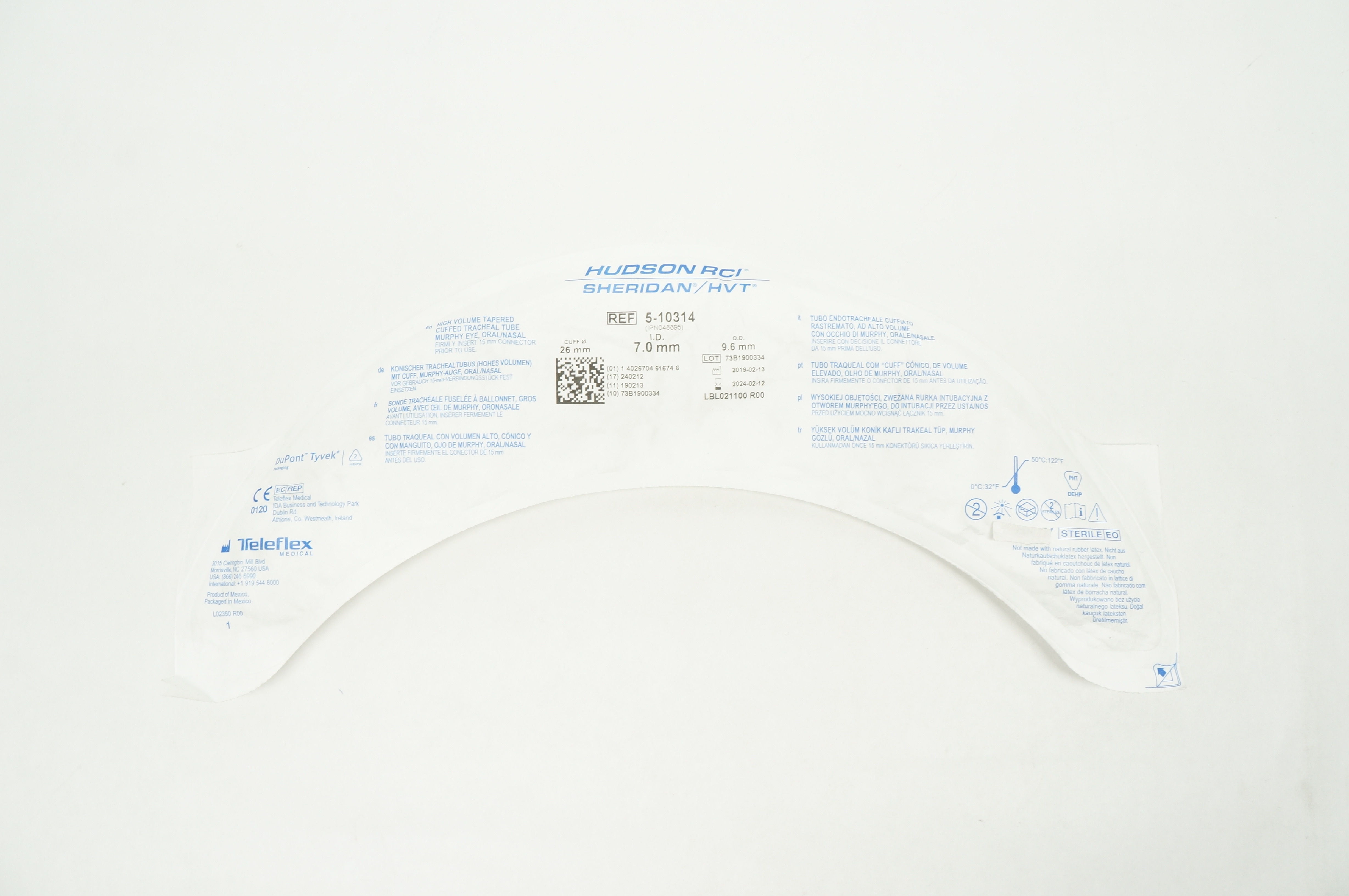 Teleflex 5-10314 Hudson RCI Sheridan HVT Cuffed Tracheal Tube  26 x 7 x 9.6mm