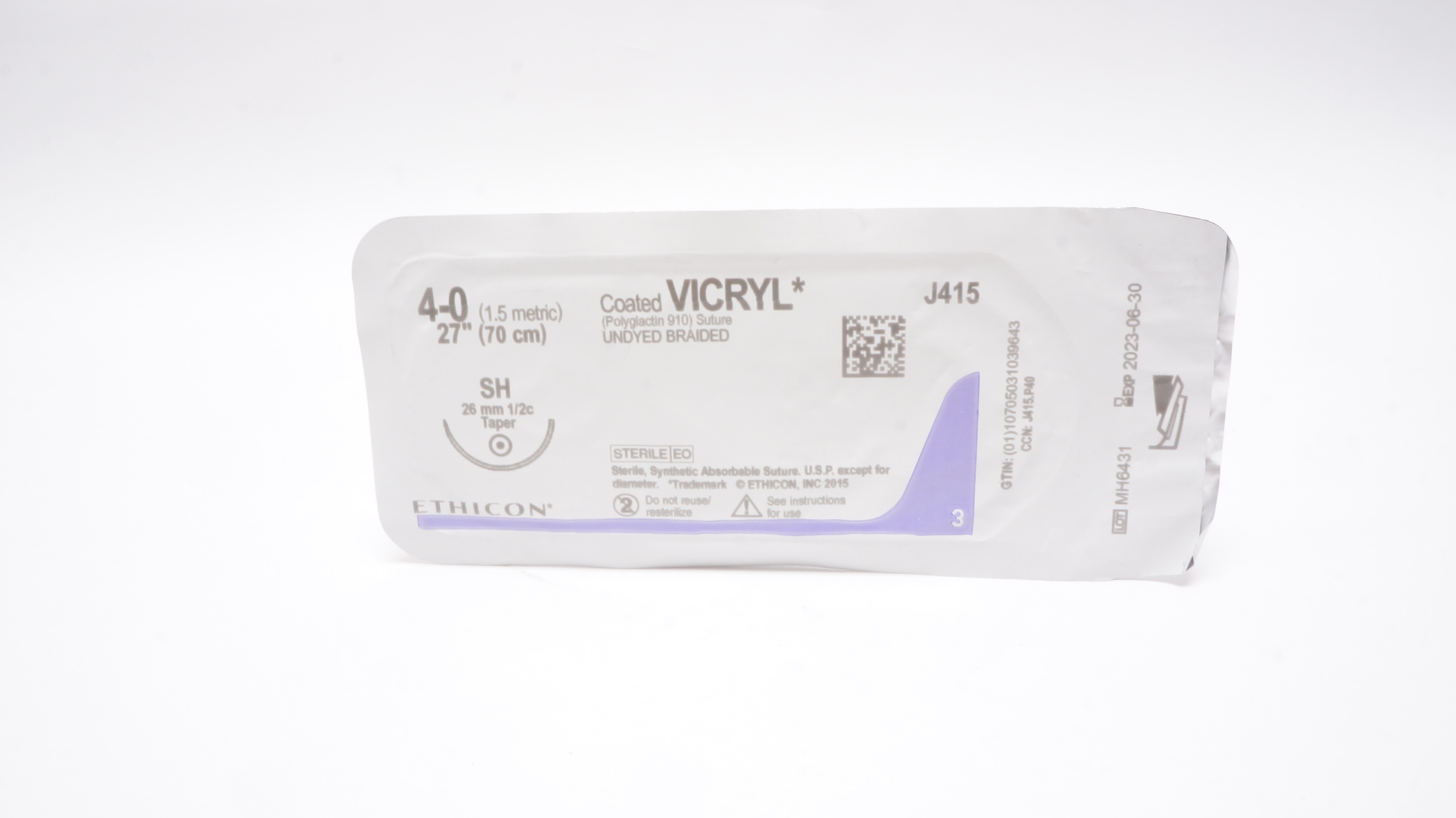 Ethicon J415 4-0 Coated Vicryl Stre Undyed Braided SH 26mm 1/2c Taper, 27inch