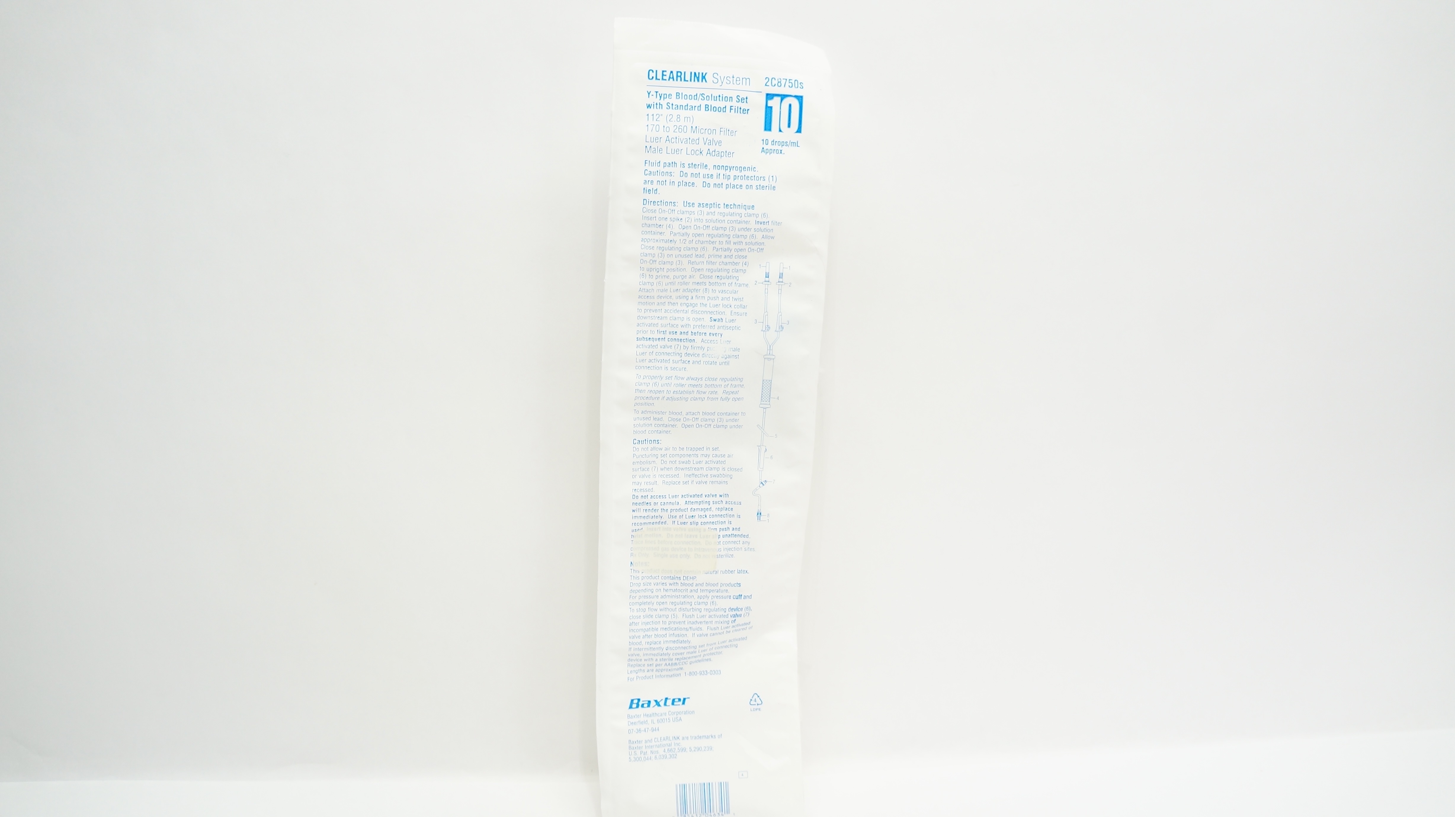 Baxter 2C8750s Clearlink System Y-Type Blood/Solution Set 112inch 10 Drops/mL
