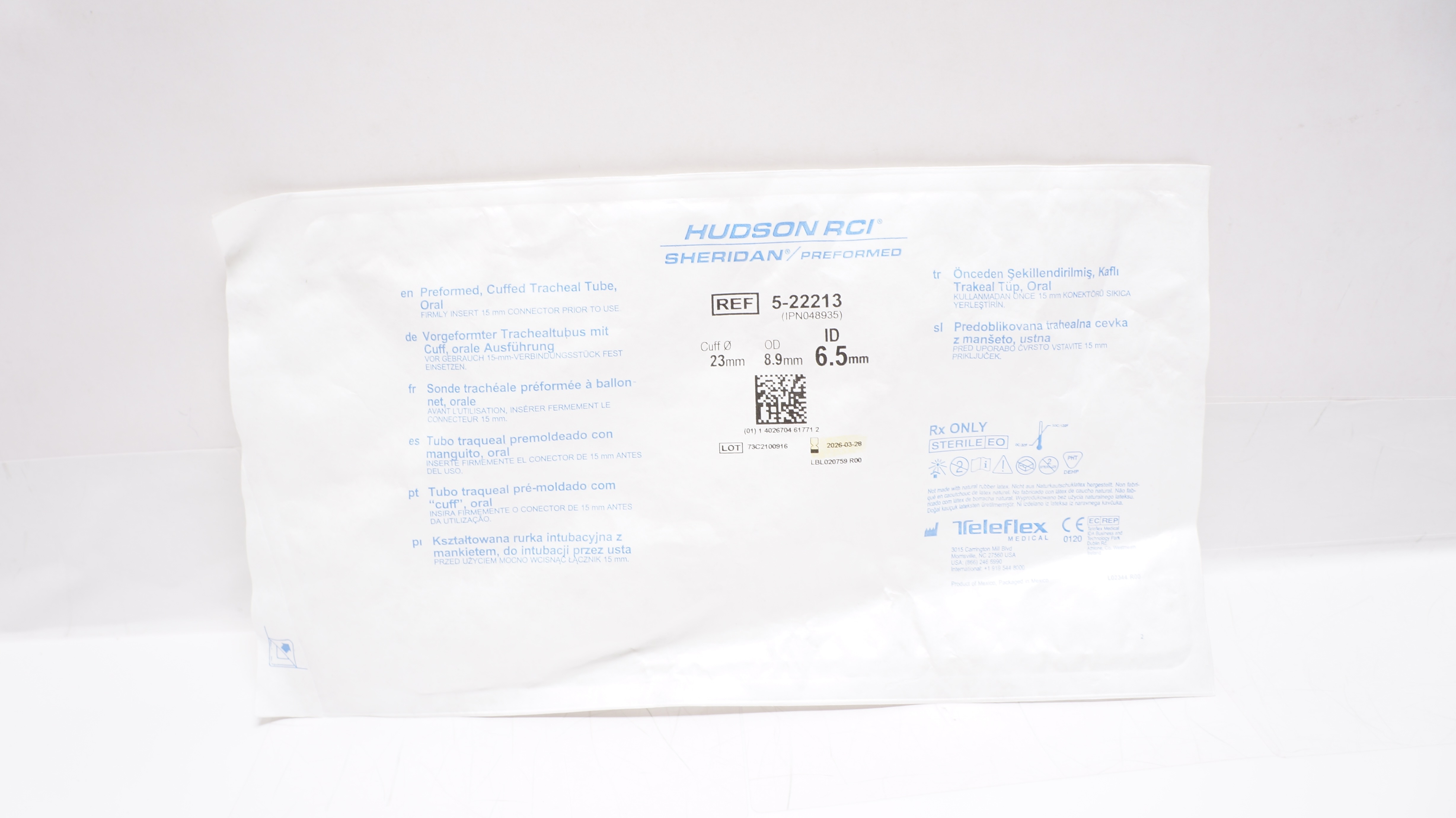 Teleflex 5-22213 Hudson RCI Preformed Cuffed Tracheal Tube 6.5ID x 8.9OD x 23mm