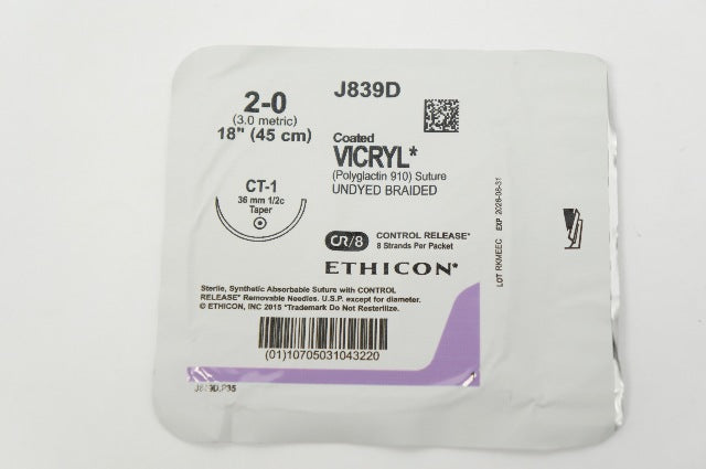 Ethicon J839D 2-0 Coated VICRYL Polyglactin Stre CT-1 36mm 1/2c Taper, 18inch