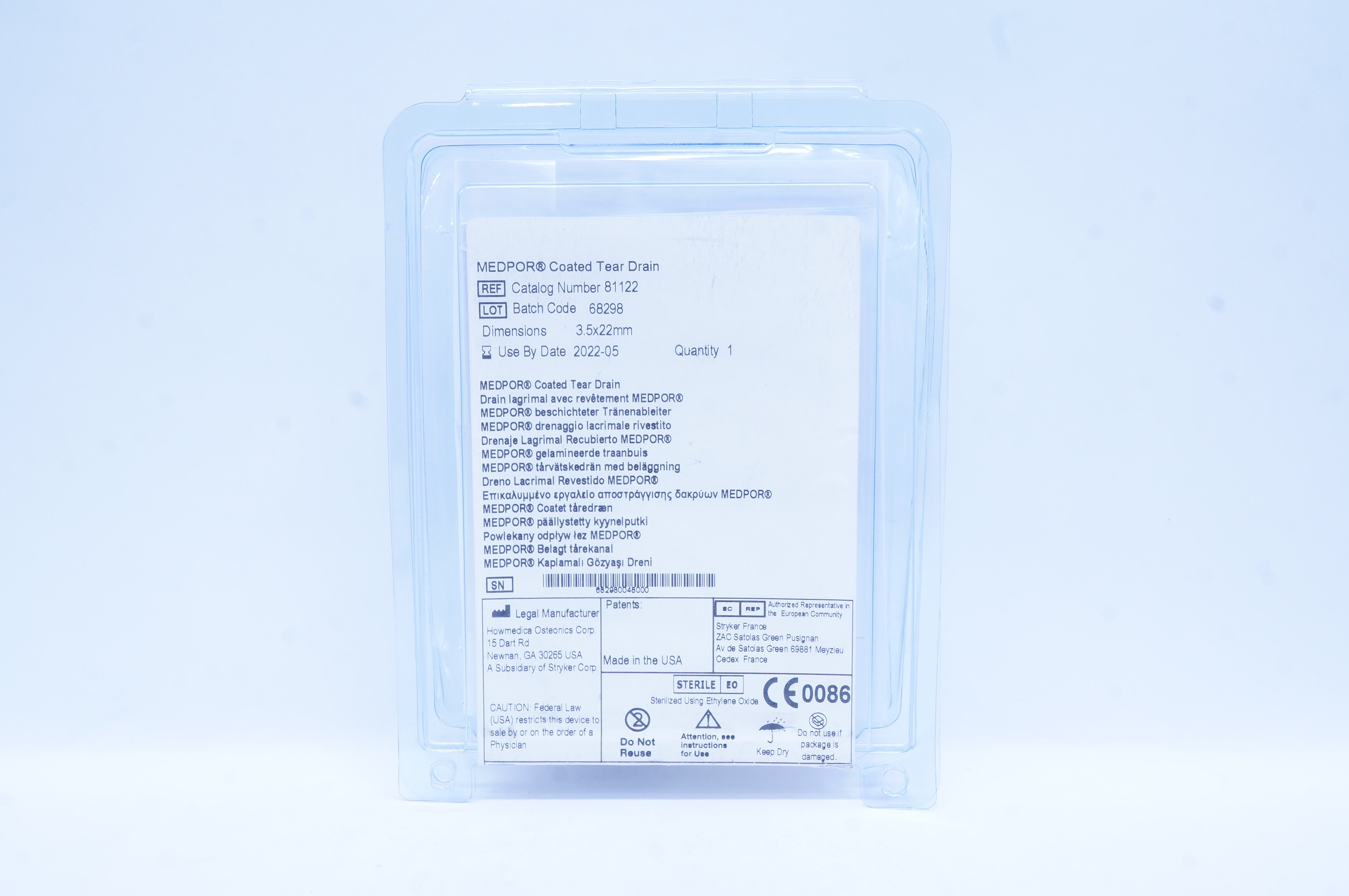 Stryker 81122 Medpor Coated Tear Drain 3.5mm x 22mm