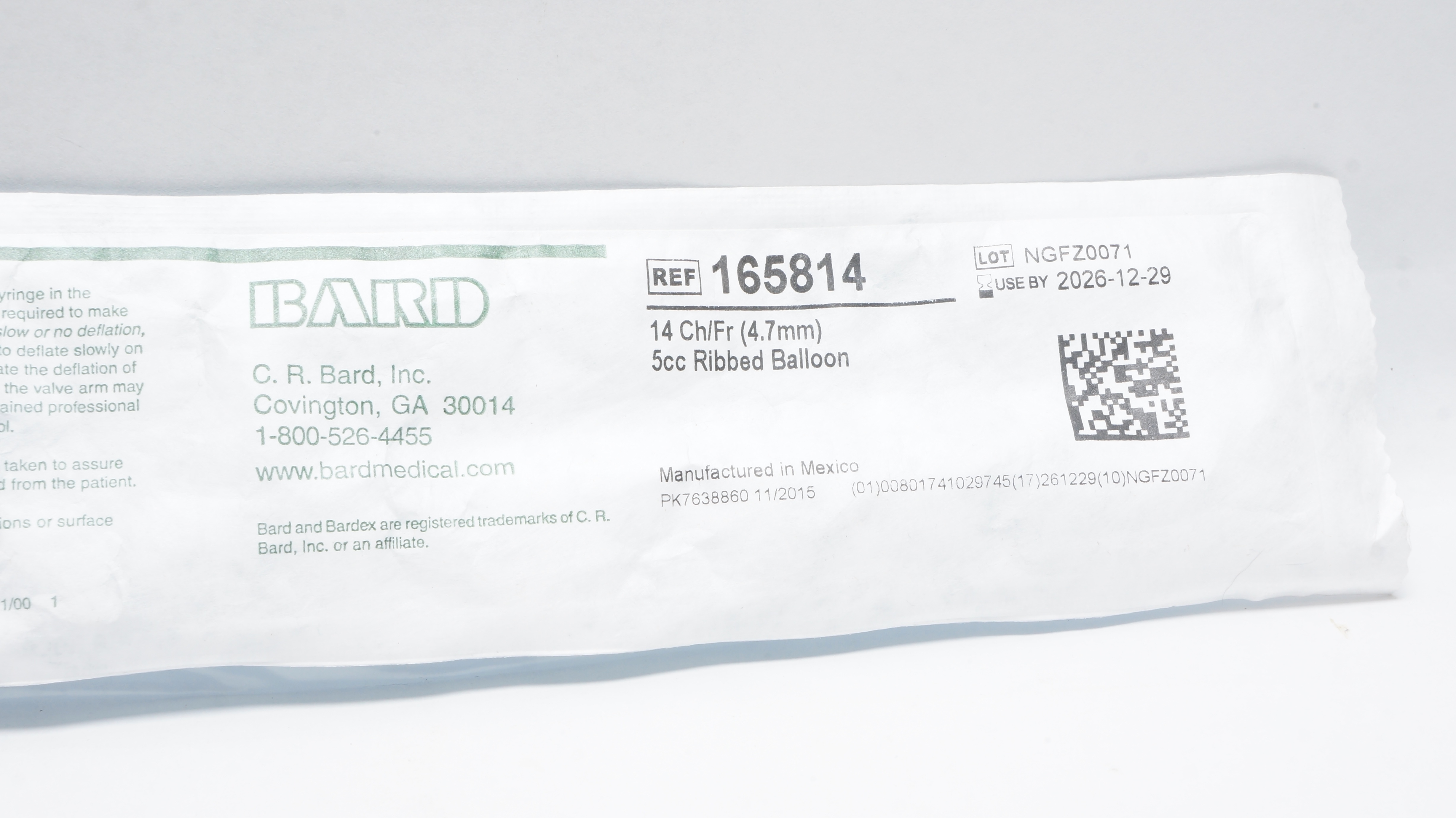 Bard 165814 Bardex All-Silicone Foley Cath. 14 Ch/Fr 5cc Ribbed Balloon