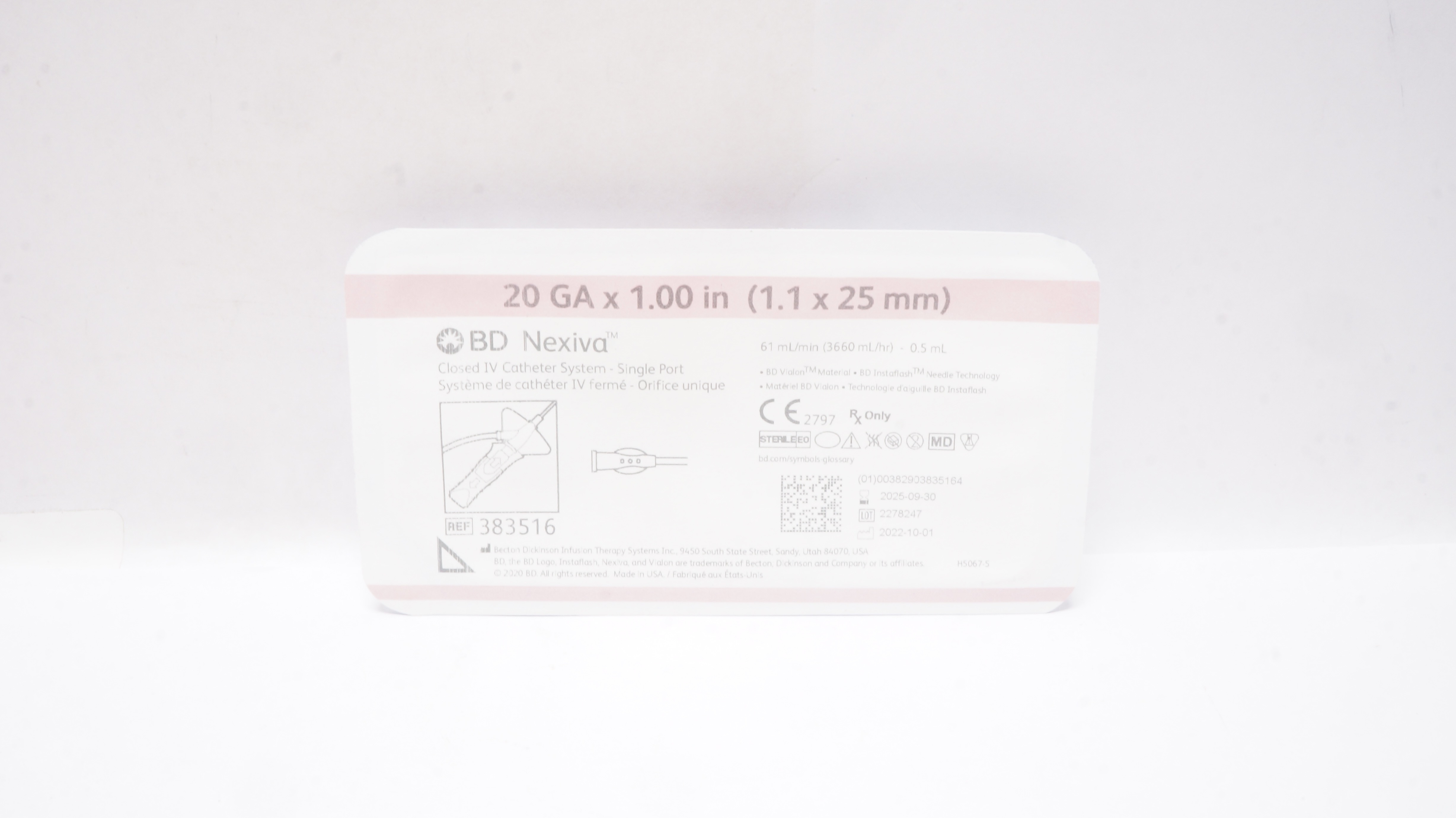 BD 383516 Nexiva Clodsed IV Cath. System - Single Port 20GA x 1.00inch 61mL/min
