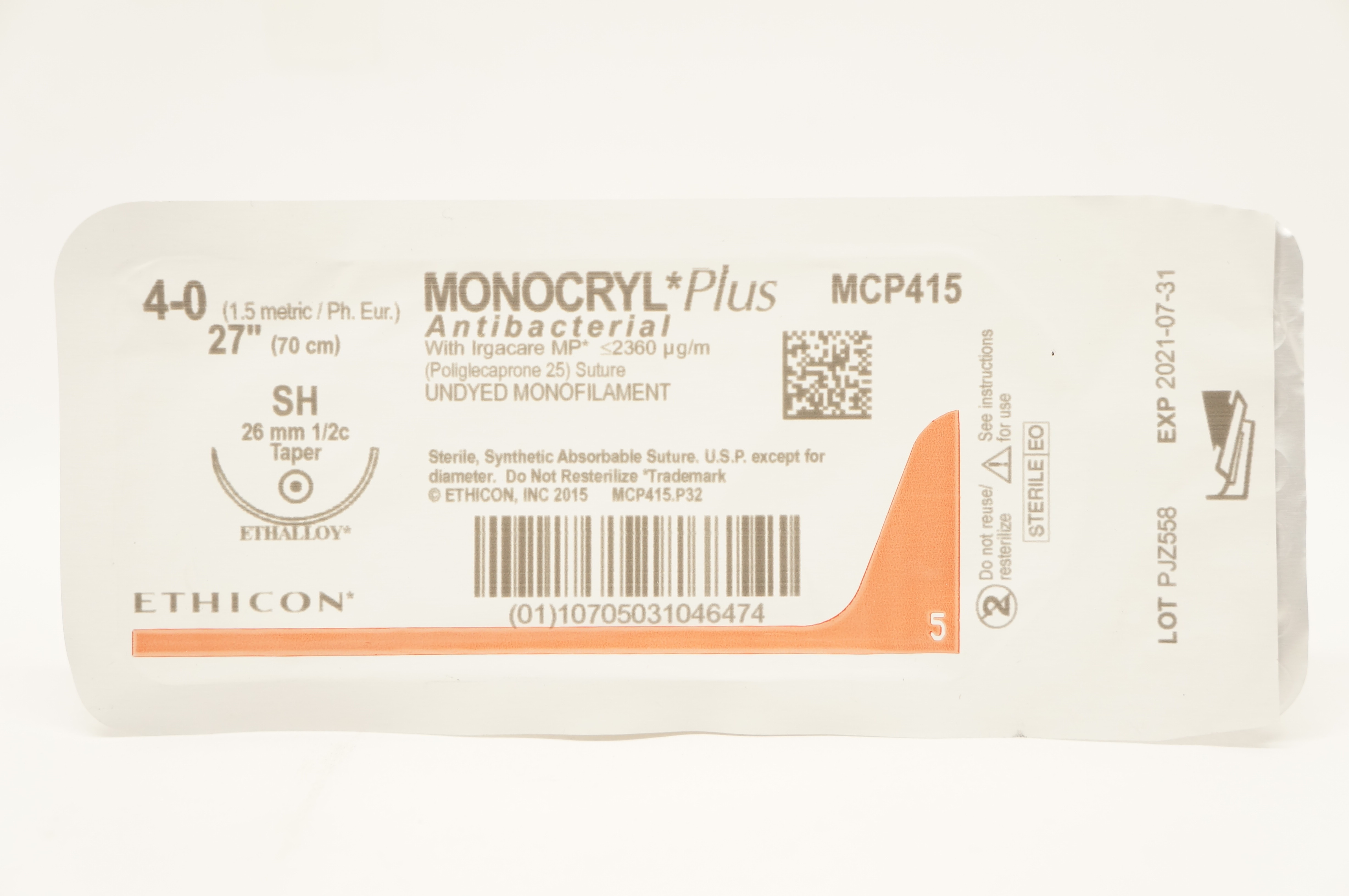 Ethicon MCP415 4-0 Monocryl Plus Stre SH 26mm 1/2c Taper, 27inch (x)