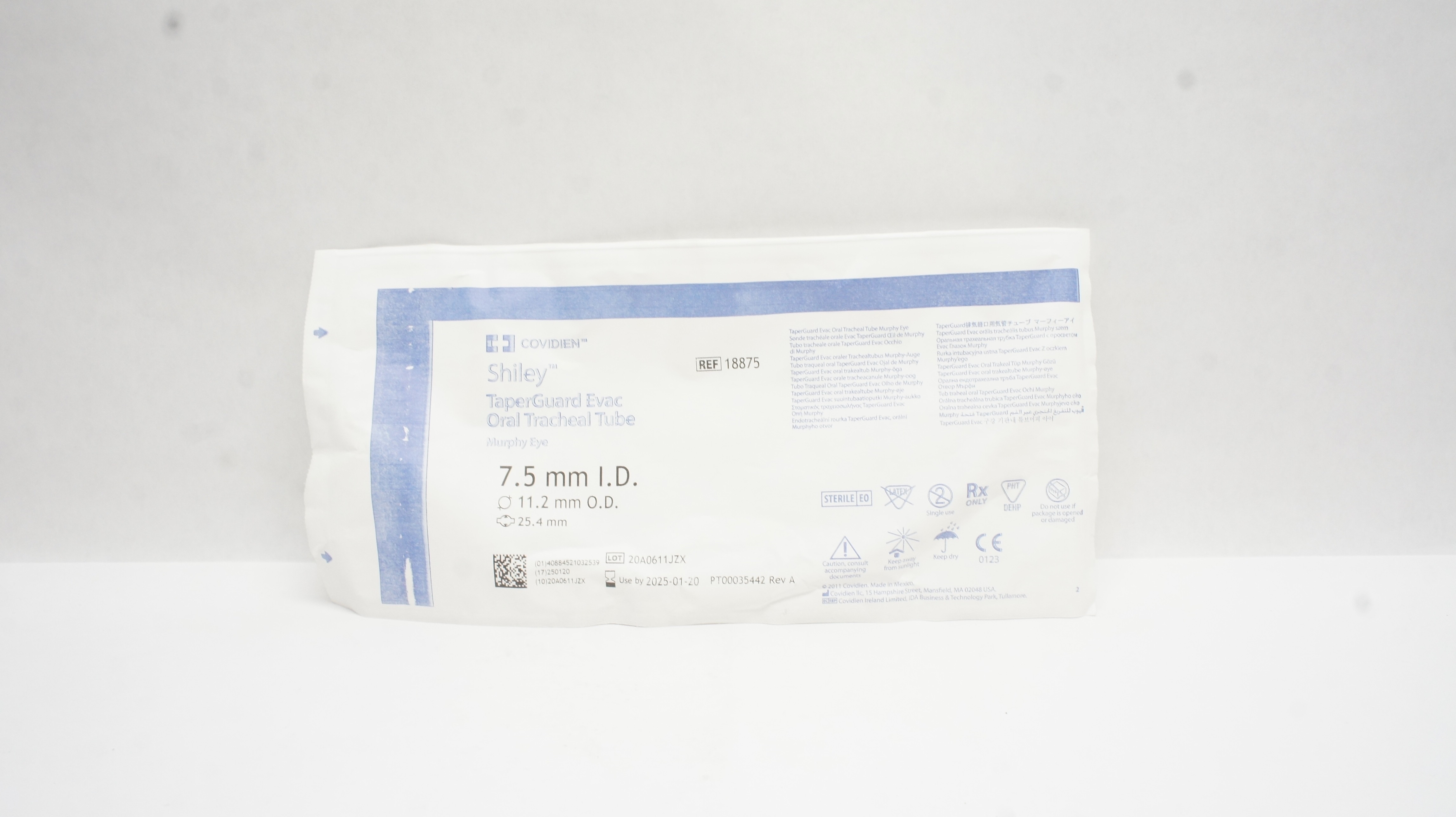 Covidien 18875 Shiley TaperGuard Evac Oral Tracheal Tube 7.5mm ID 11.2mm OD