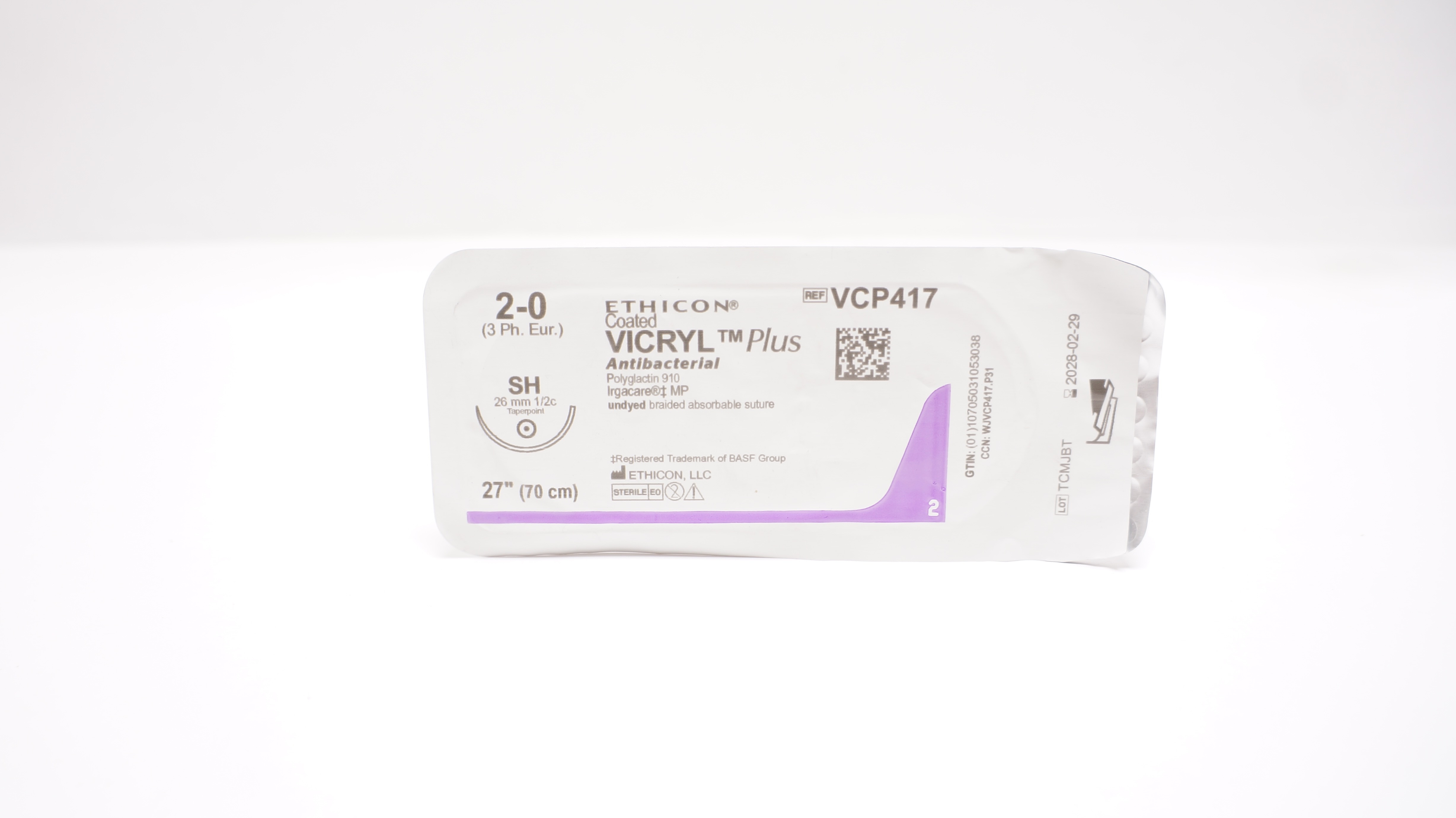 Ethicon VCP417 2-0 VICRYL Plus, SH, 26mm 1/2c Taper, 27inch