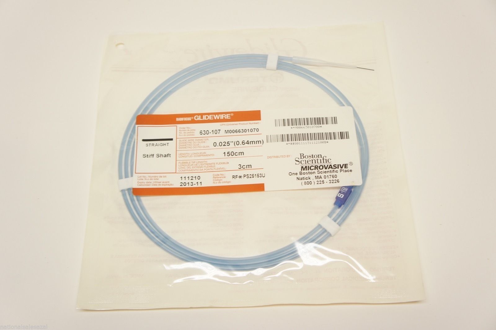 630-107 ~ Boston Scientific Glidewire Straight  0.025inch x 150cm x 3cm (x) 