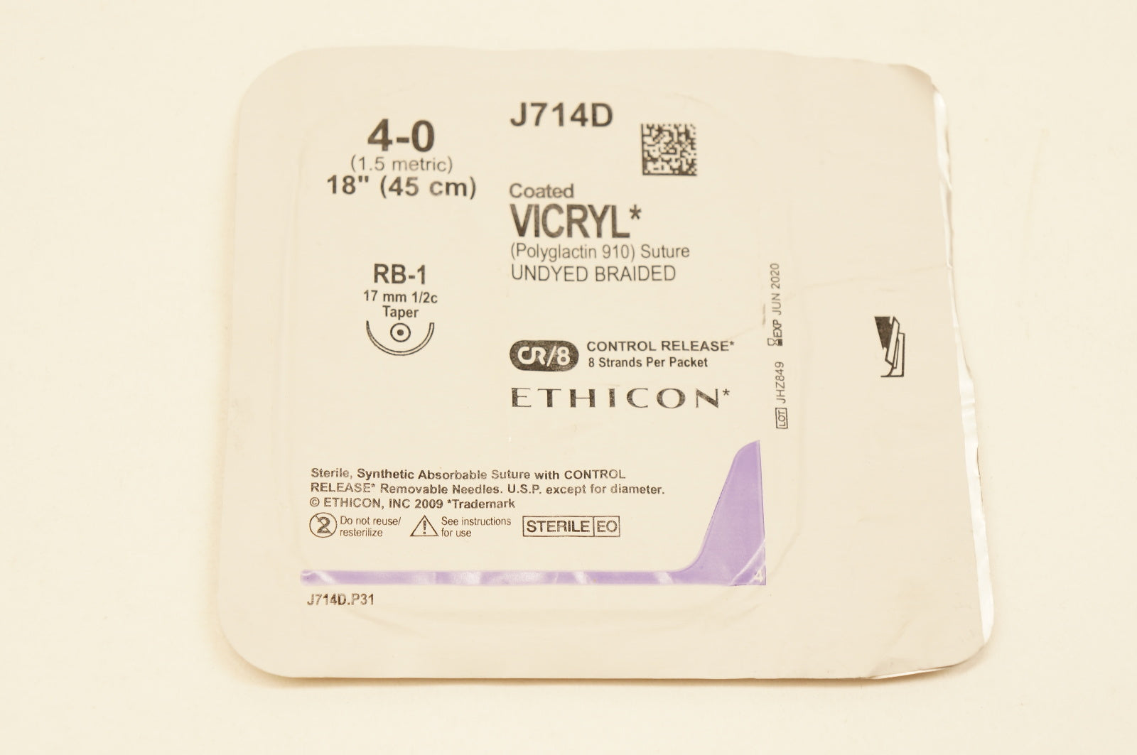 Ethicon J714D 4-0 VICRYL, RB-1, 17mm 1/2c Taper, 18inch