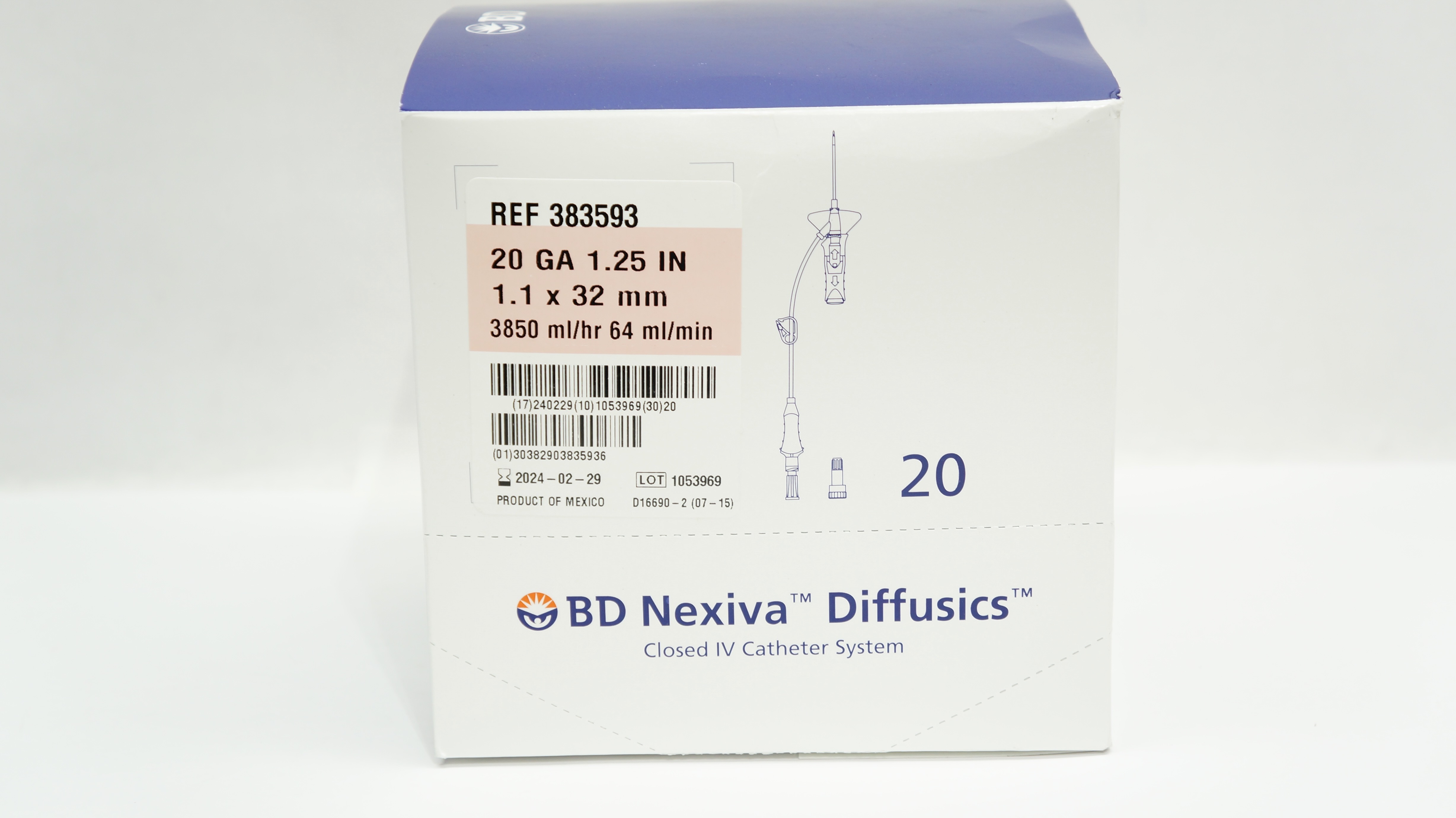 BD 383593 Nexiva Diffusics Closed IV Cath. System 20GA x 1.25inch - Box of 20