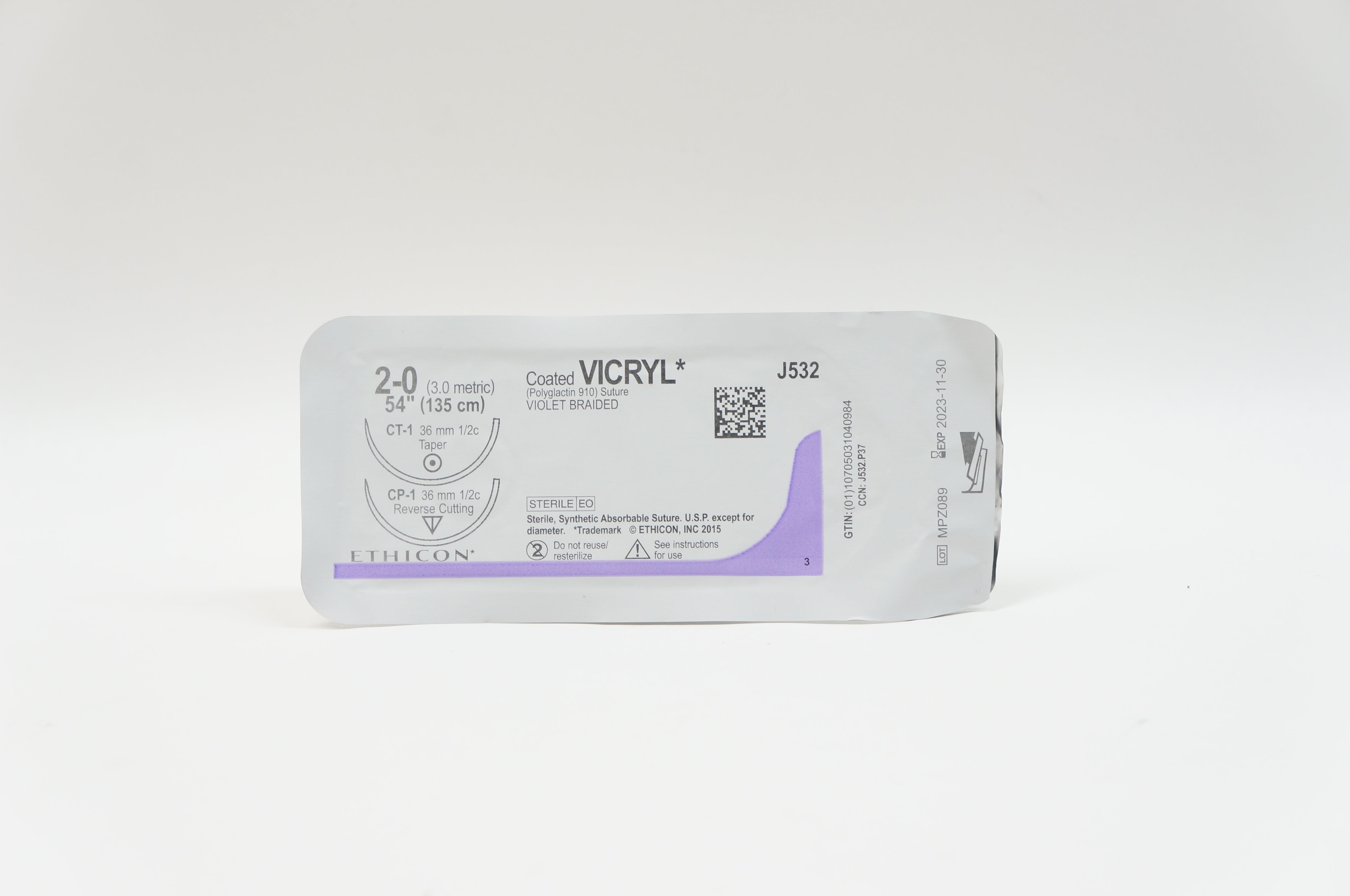 Ethicon J532 2-0 VICRYL, CT-1 Taper, CP-1 Cutting, 36mm 1/2c, 54inch