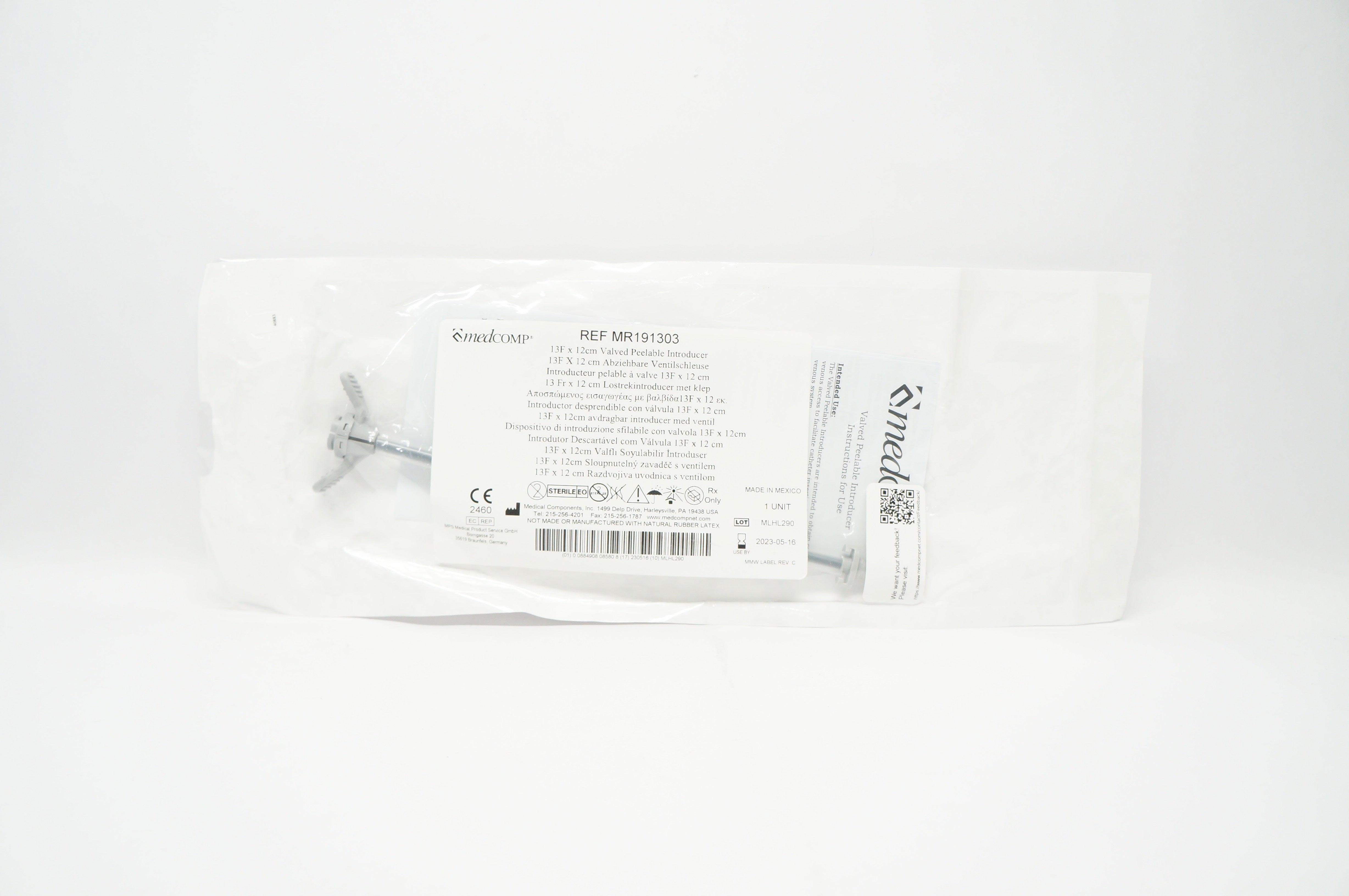 Medical Components MR191303 Valved Peelable Introducer 13F x 12cm