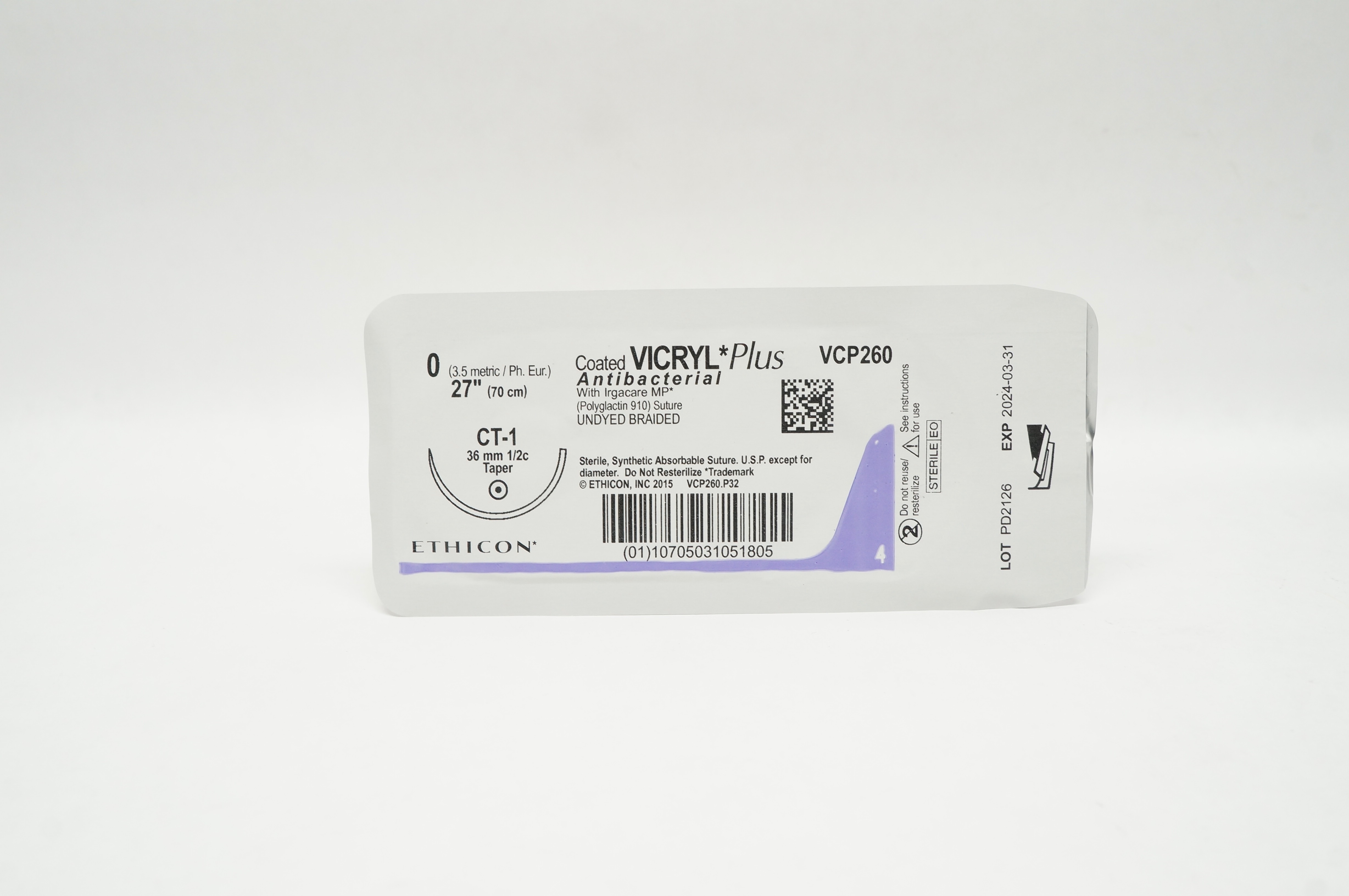 Ethicon VCP260 0 VICRYL Plus Antibacterial Stre  CT-1 36mm 1/2c Taper, 27inch