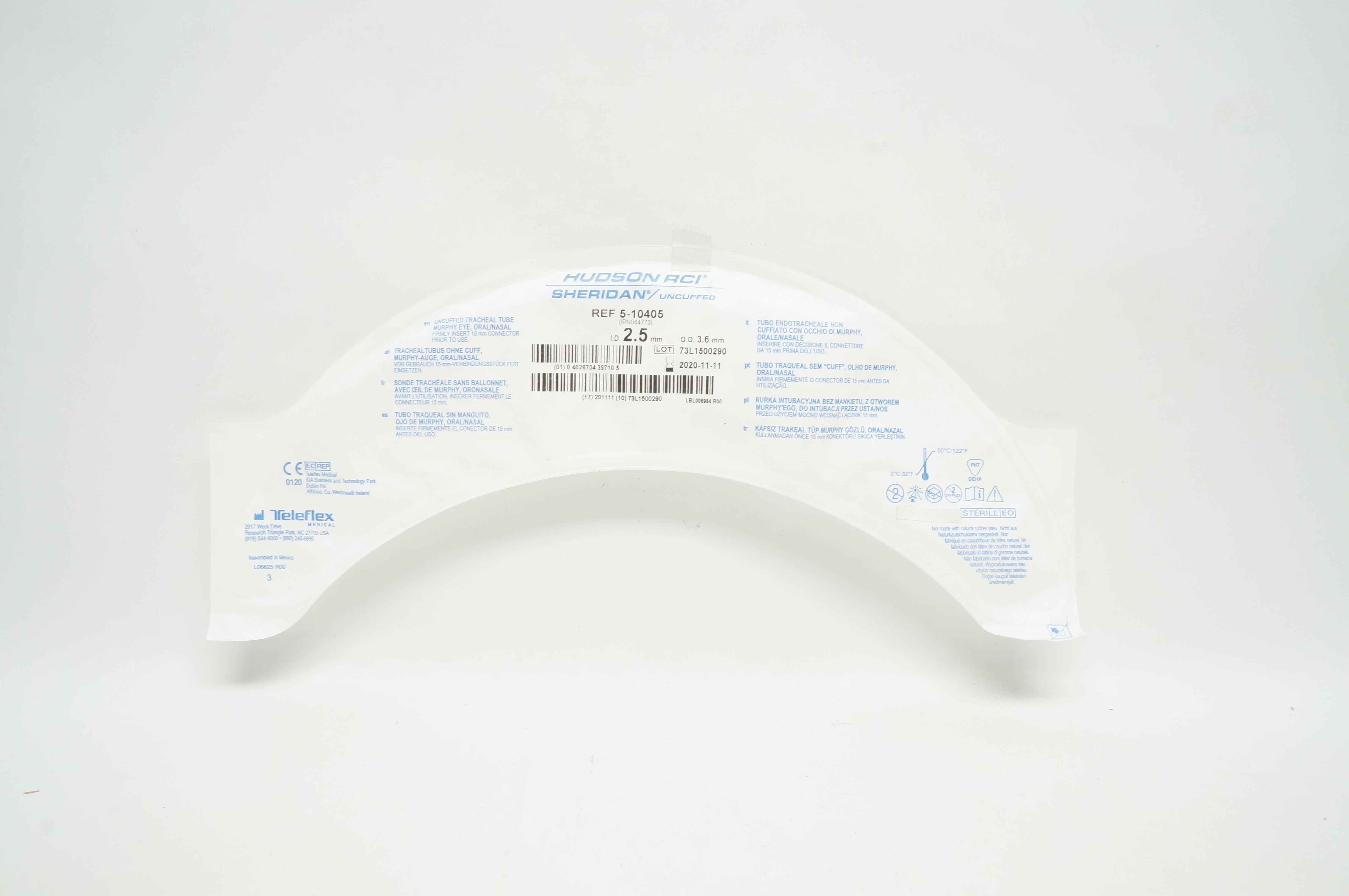 Teleflex 5-10405 Hudson RCI Sheridan Uncuffed Tracheal Tube 2.5 ID x 3.6mm OD(x)