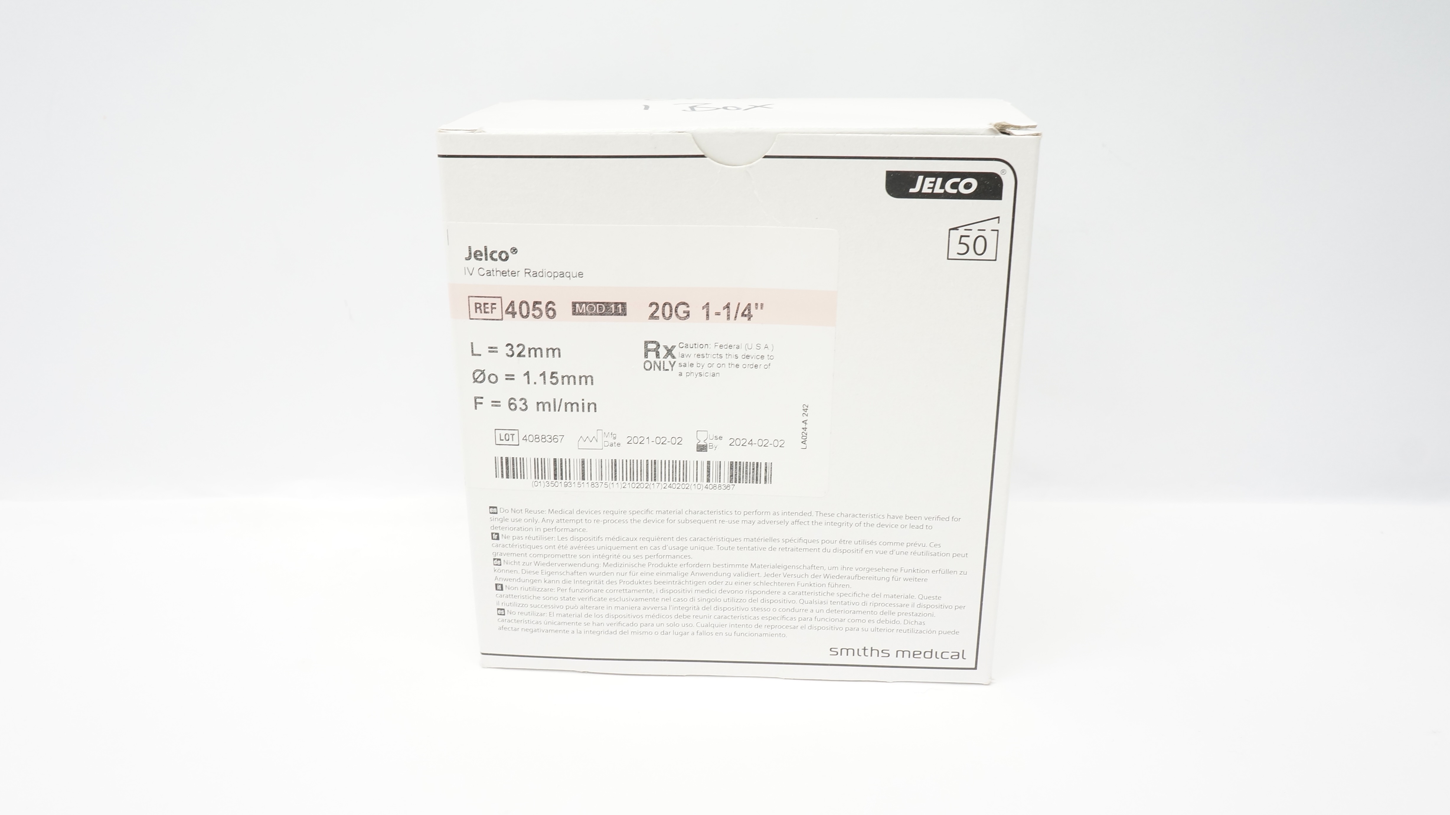 Smiths Medical 4056 Jelco I.V. Cath. Radiopaque 20G x 1-1/4inch (x) - Box of 23