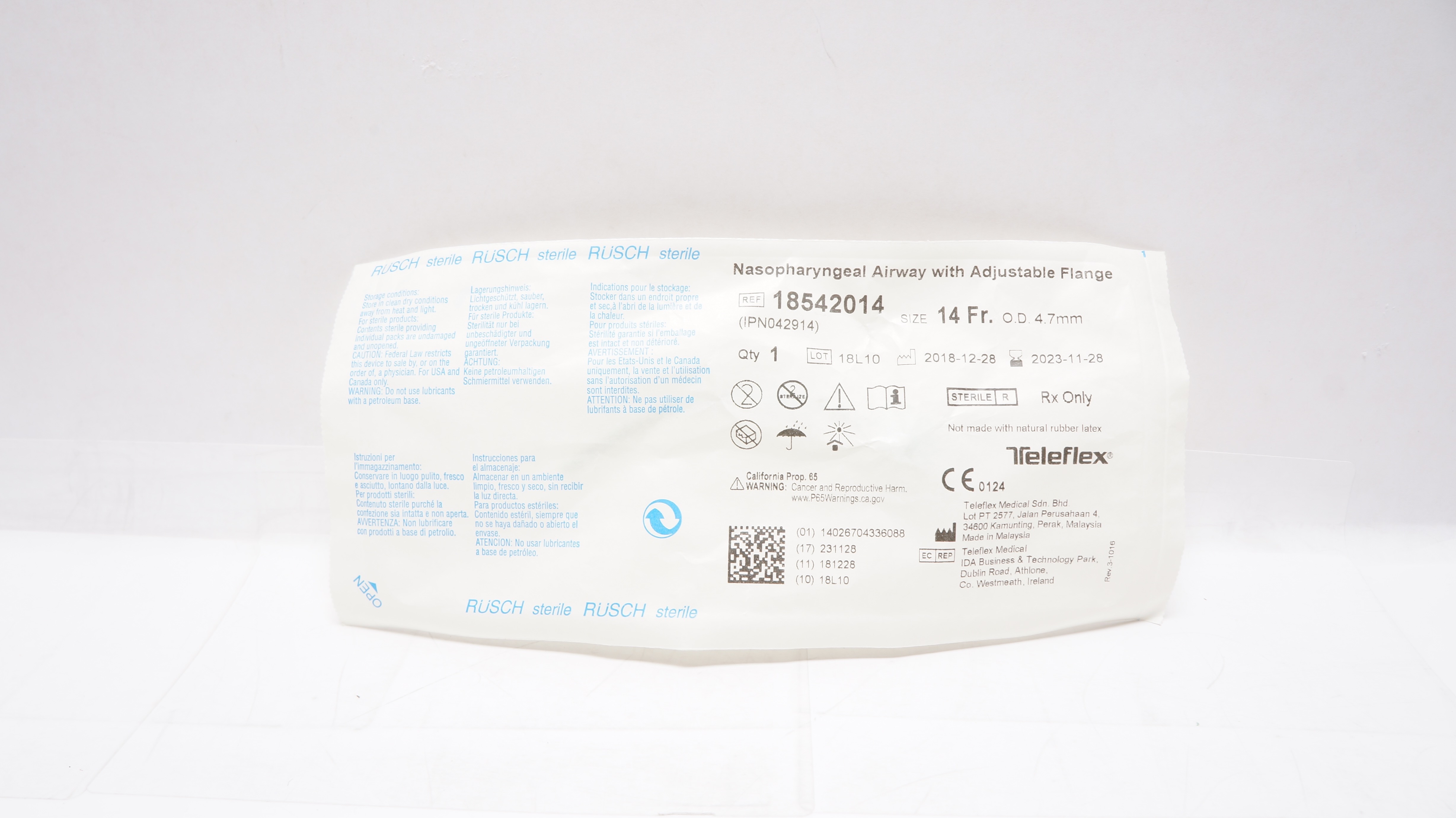 Teleflex 18542014 Rusch Nasopharyngeal Airway w/Adjustable Flange 14Frx4.7mm(x)