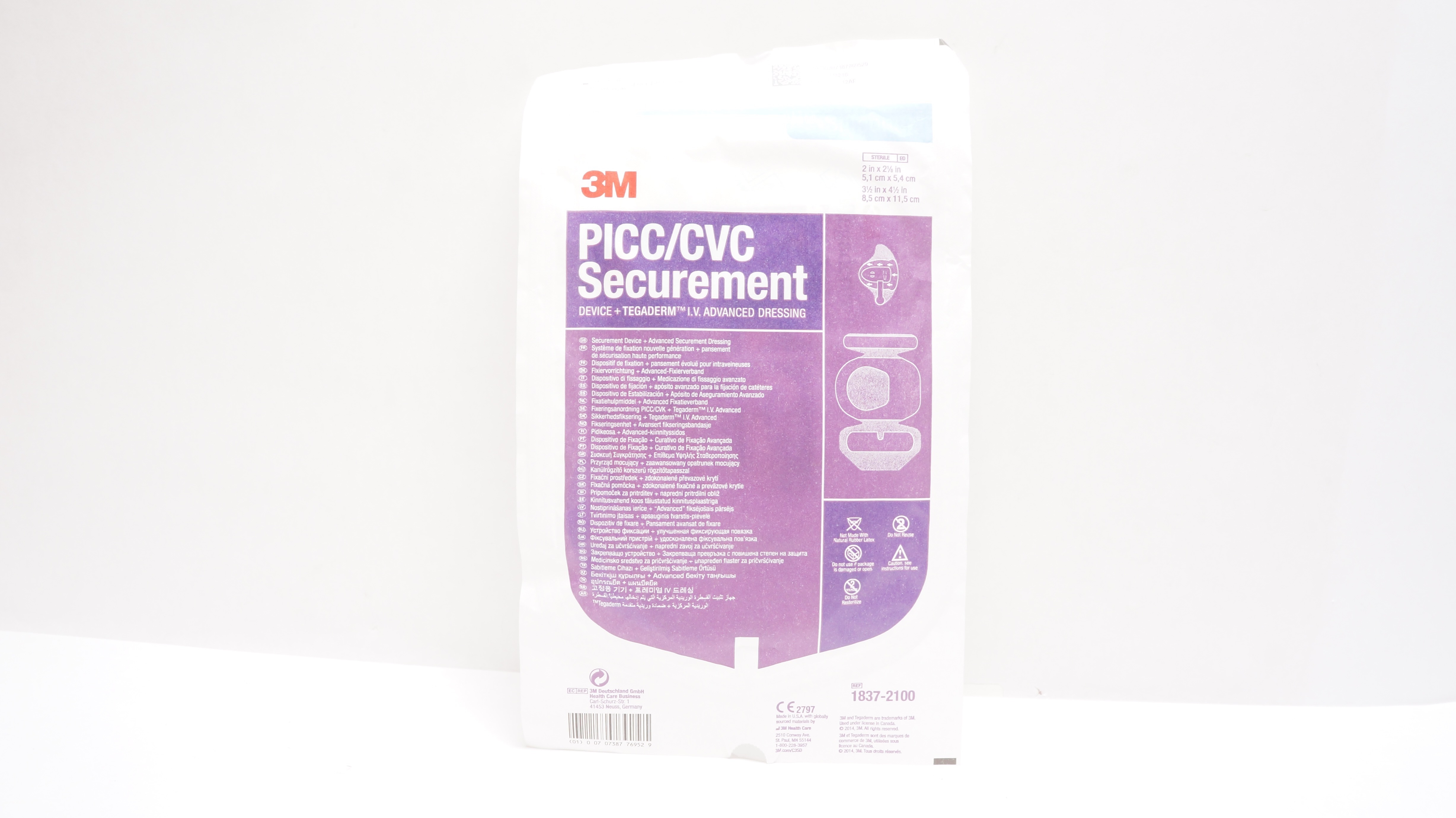 3M 1837-2100 PICC/CVC Securement Device +Dressing 2x2-1/8inch 3-1/2x4-1/2inch