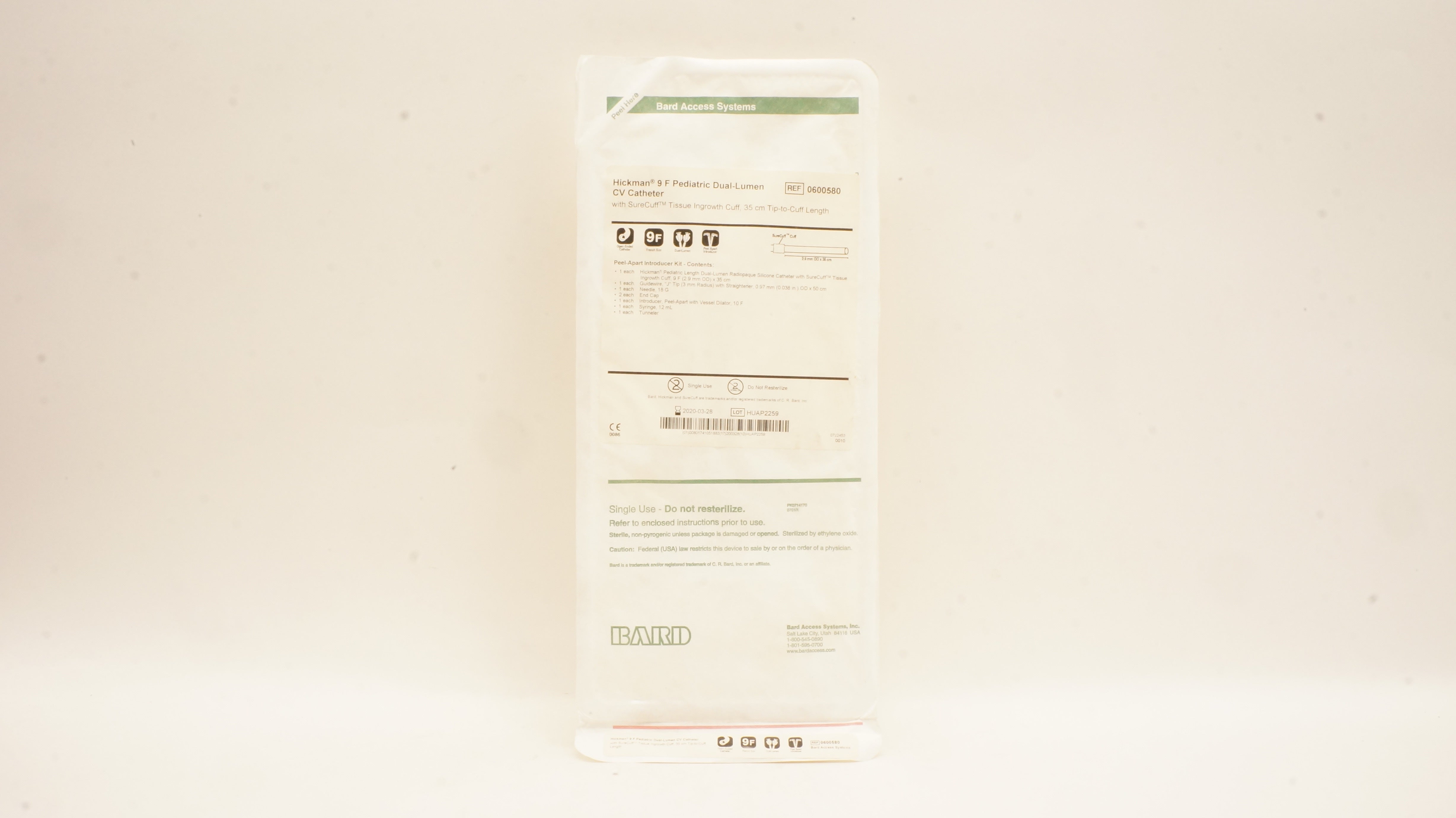 Bard 0600580 Hickman 9F Dual-Lumen CV Cath. Peel-Apart (x)