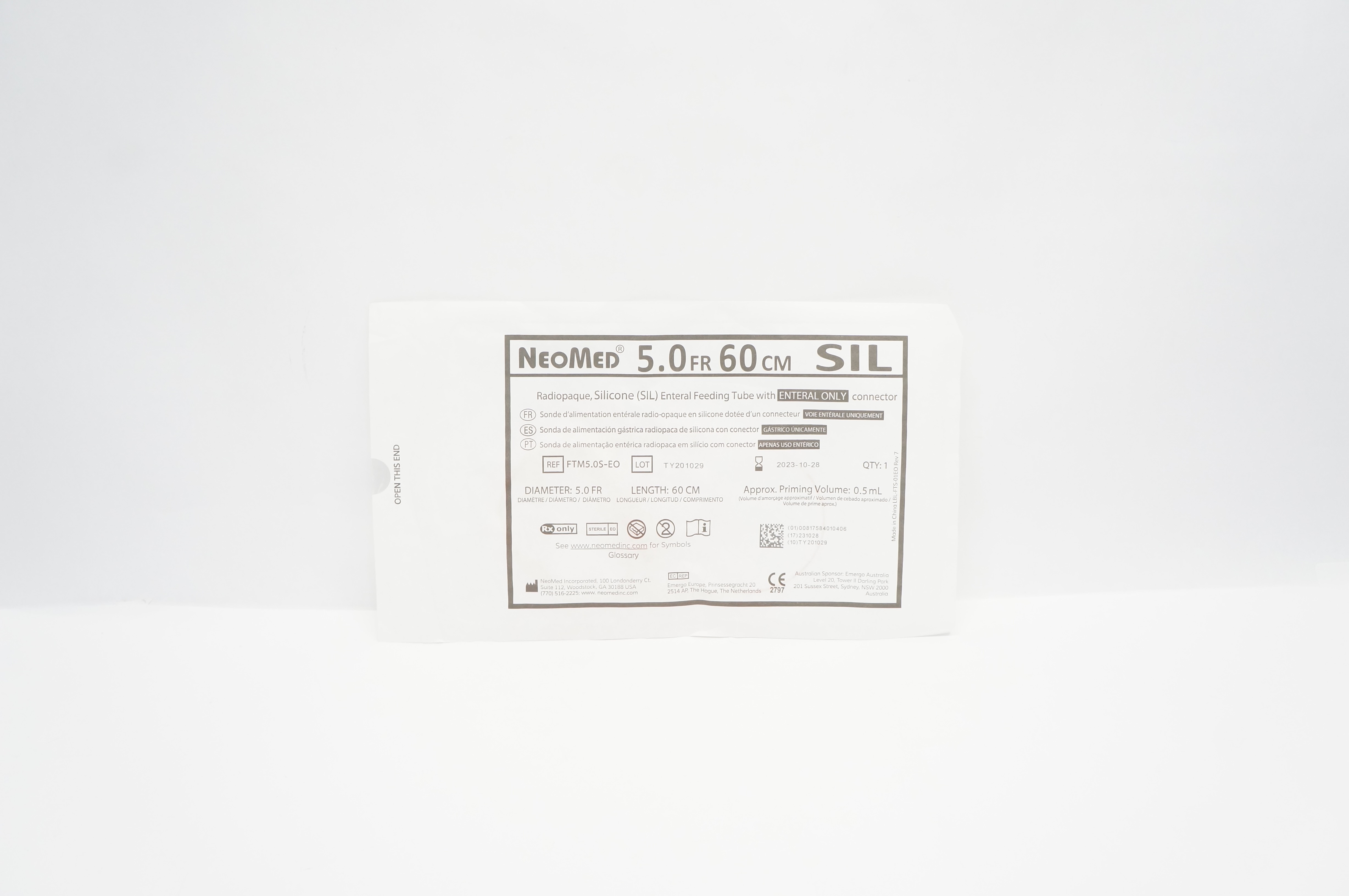 NeoMed FTM5.0S-EO Radiopaque Silicone Enteral Feeding Tube 5.0Fr. x 60cm 0.5mL