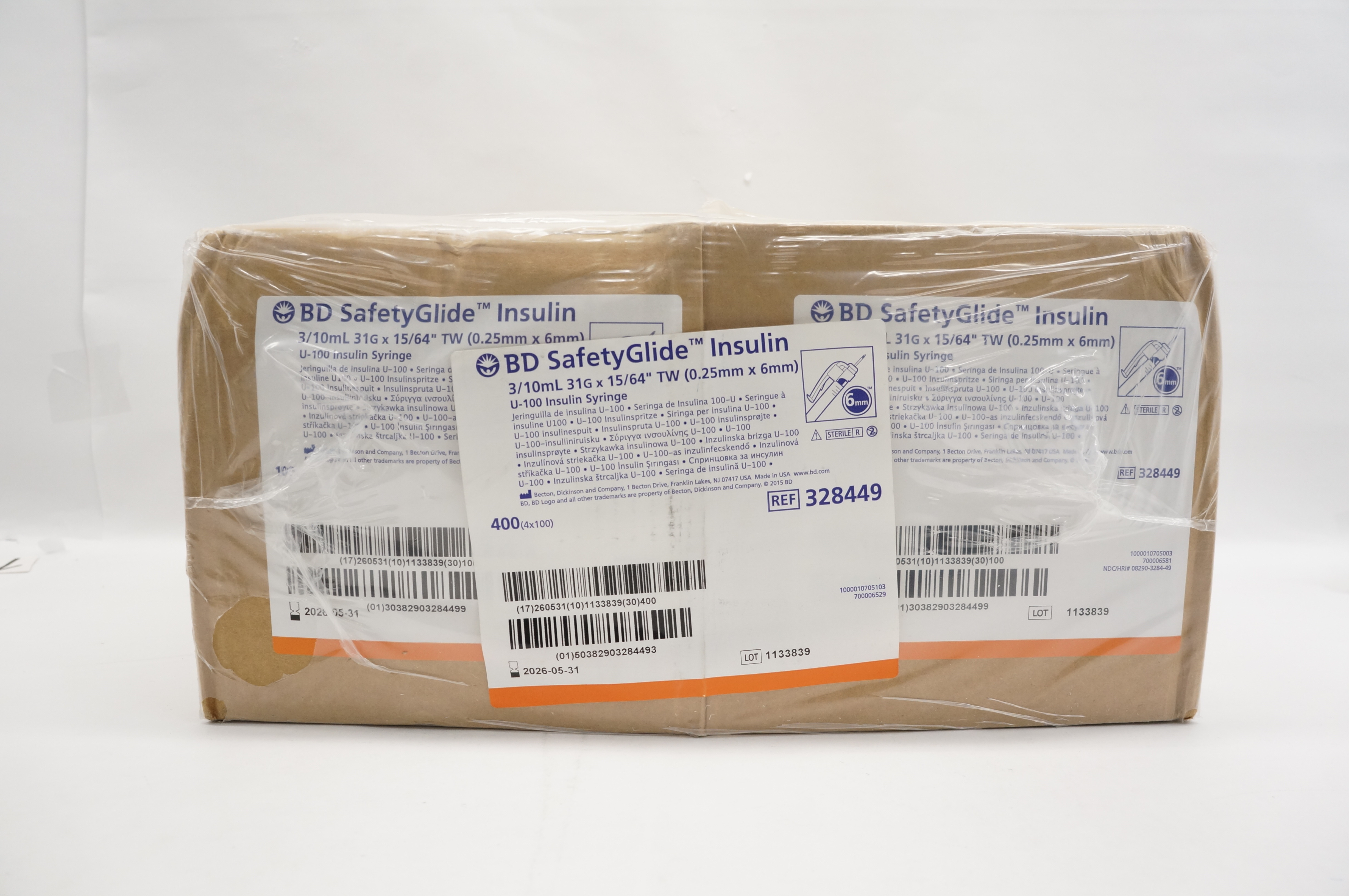 BD 328449 SafetyGlide U-100 Insulin Syringe 3/10ml 31G x 15/64in TW - Box of 400