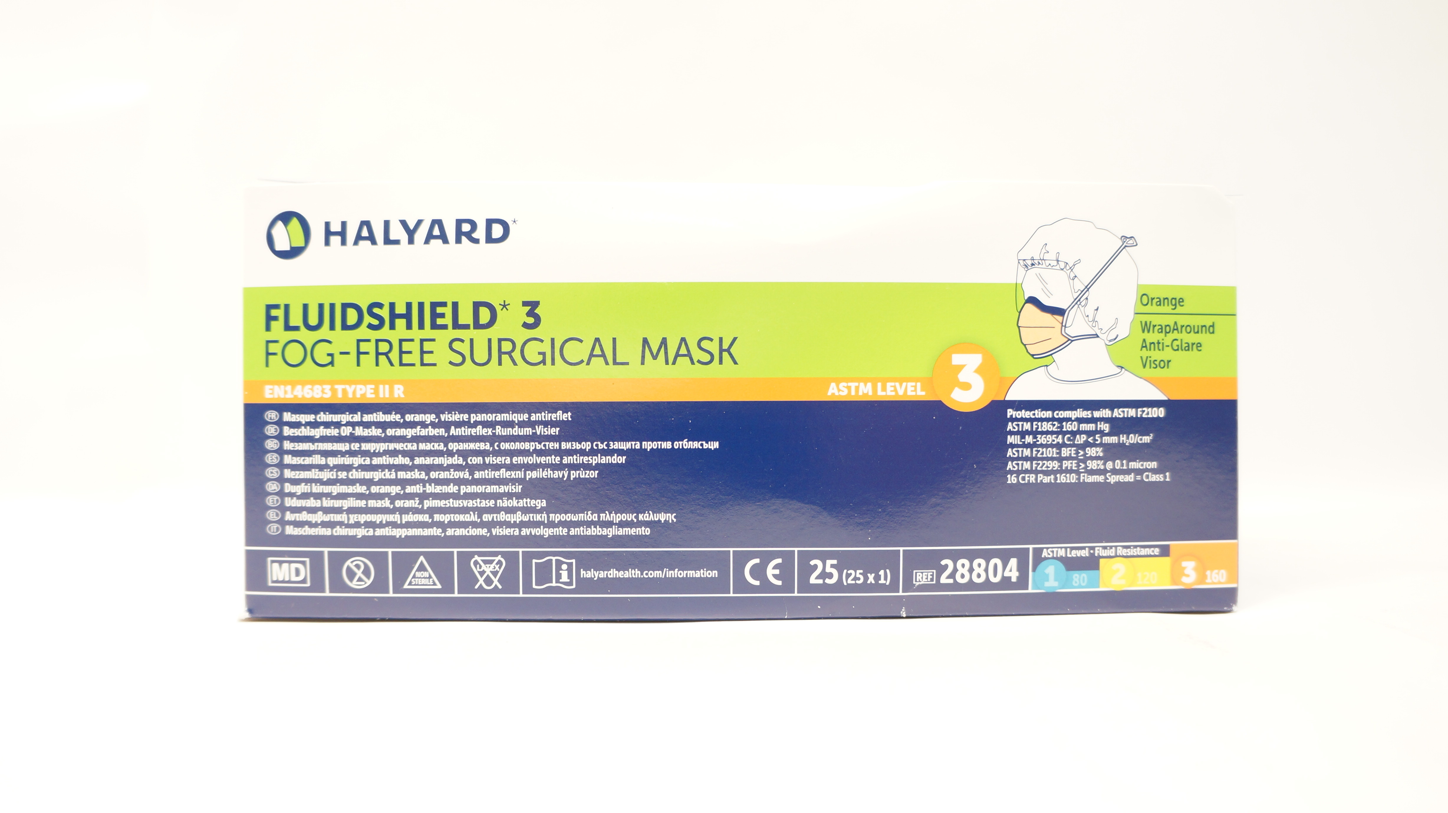 Halyard 28804 Fluidshield 3 Fog-Free Mask Level 3 - Box of 25