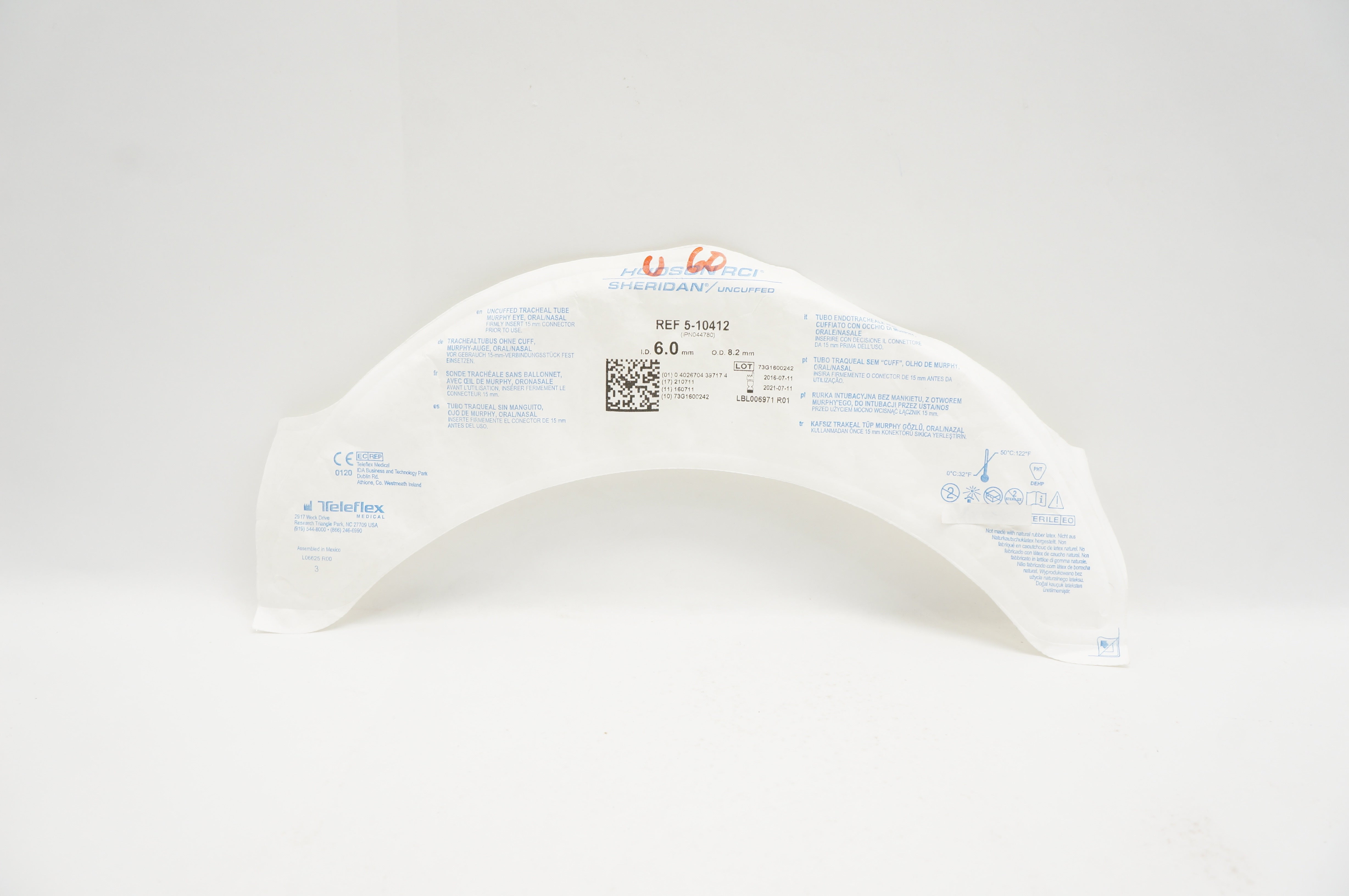 Teleflex 5-10412 Hudson RCI Sheridan Uncuffed Tracheal Tube 6.0 ID x 8.2mm OD (x)