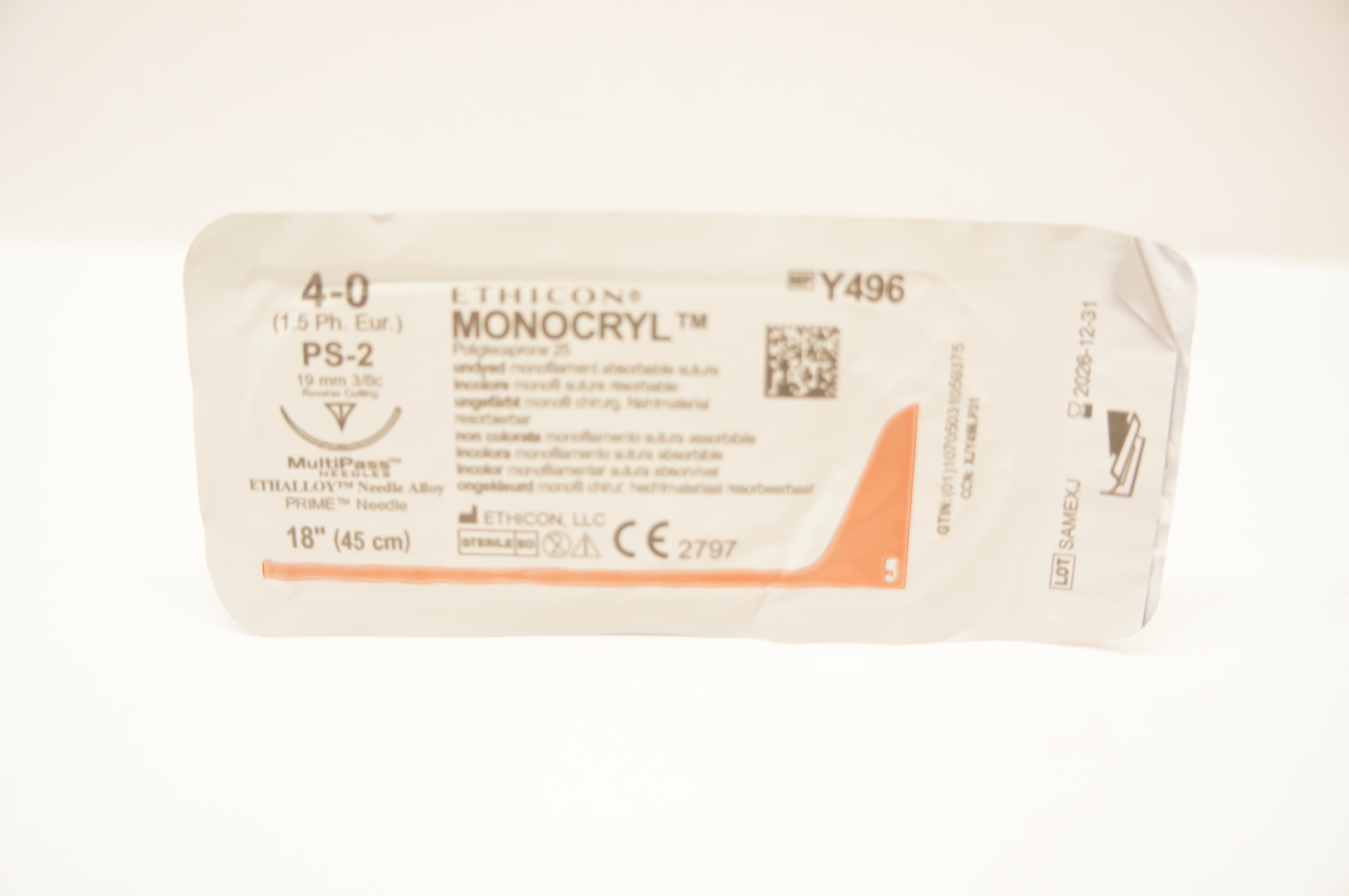 Ethicon Y496 4-0 Monocryl Undyed Stre PS-2 19mm 3/8c Reverse Cutting 18inch