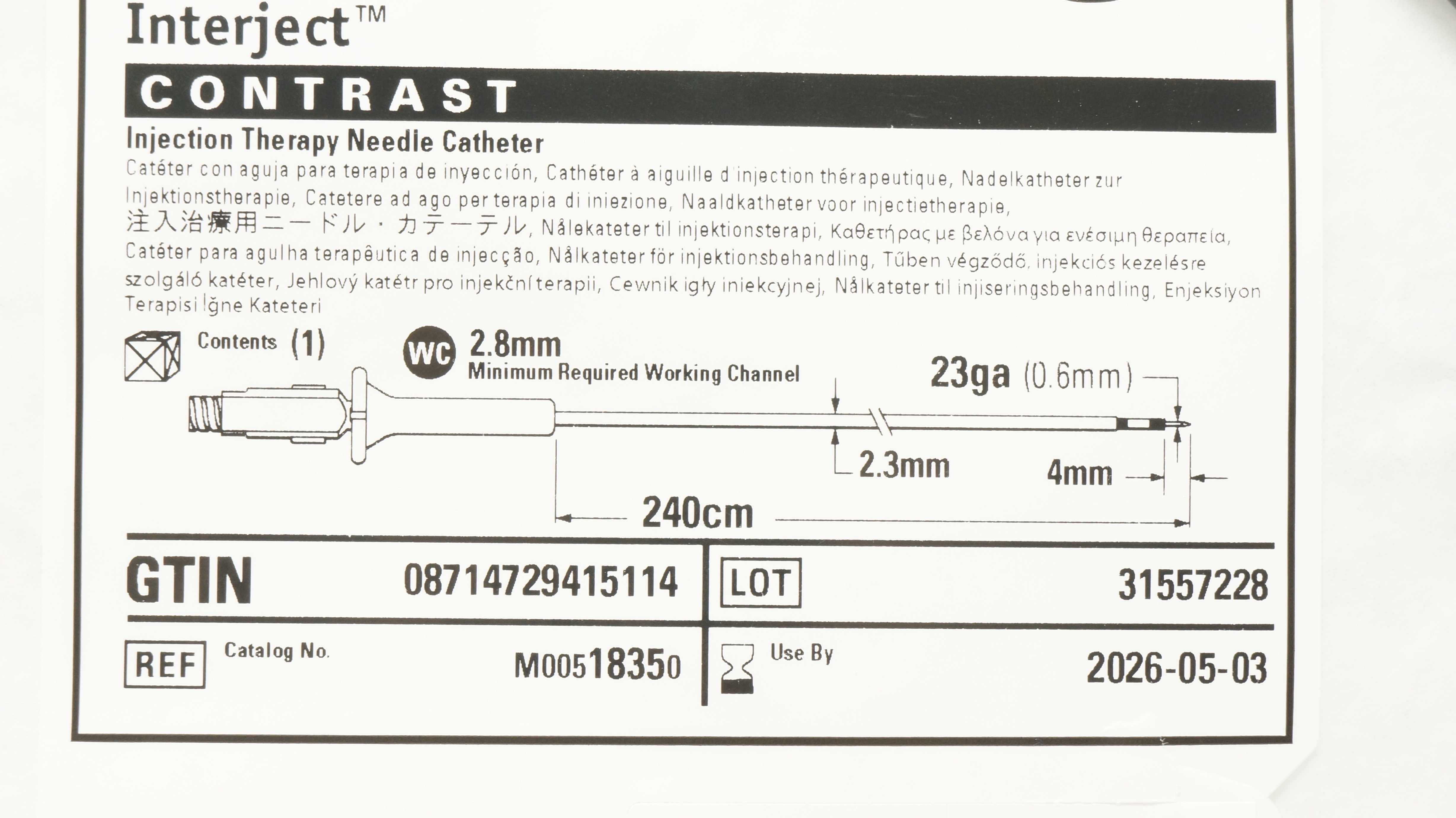 Boston Scientific M00518350 Interject Injection Therapy Ndle Cath. 23ga x 240cm