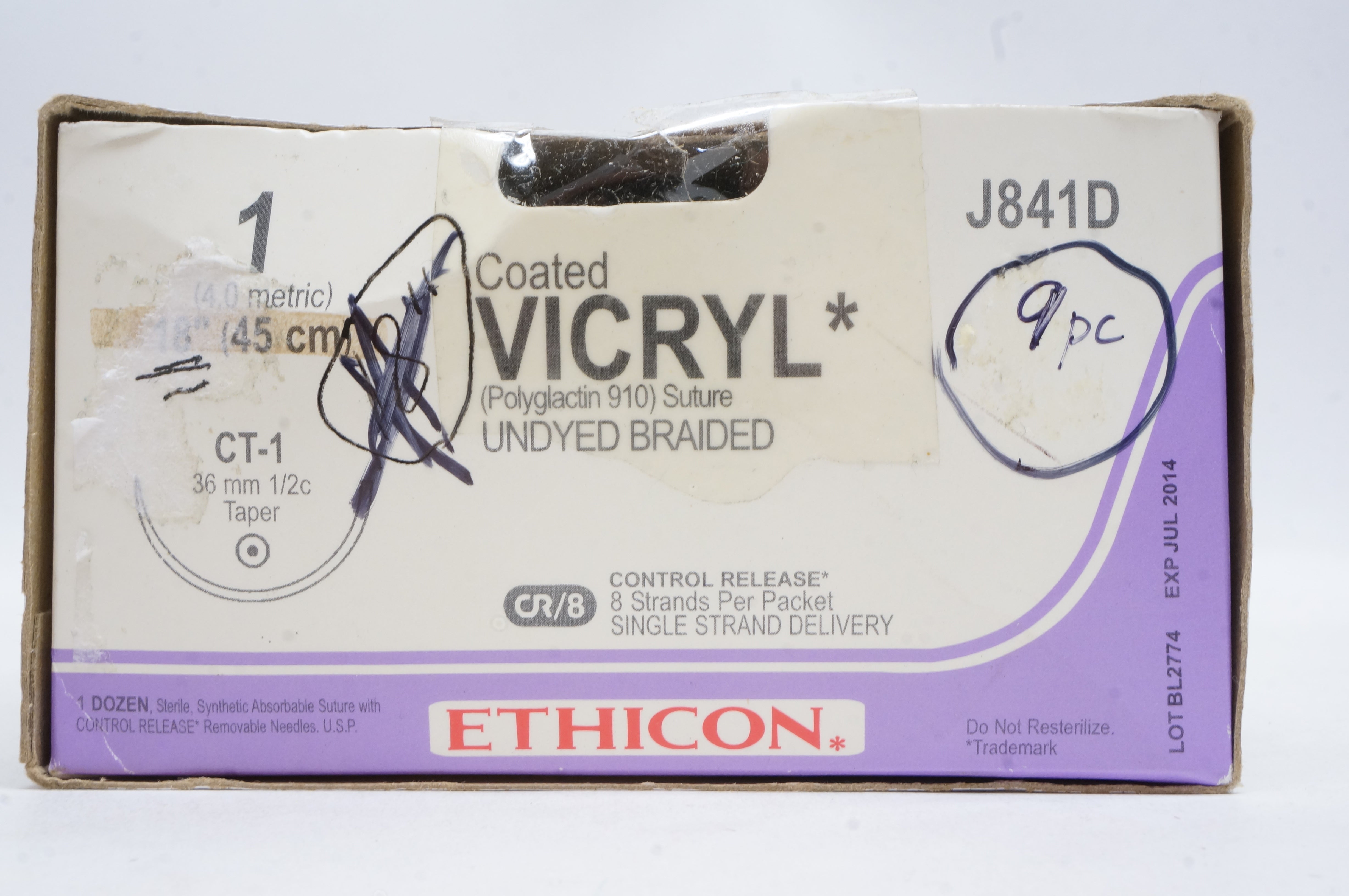 Ethicon J841D 1 VICRYL, CT-1, 36mm 1/2c Taper, 18inch (x) - Box of 9