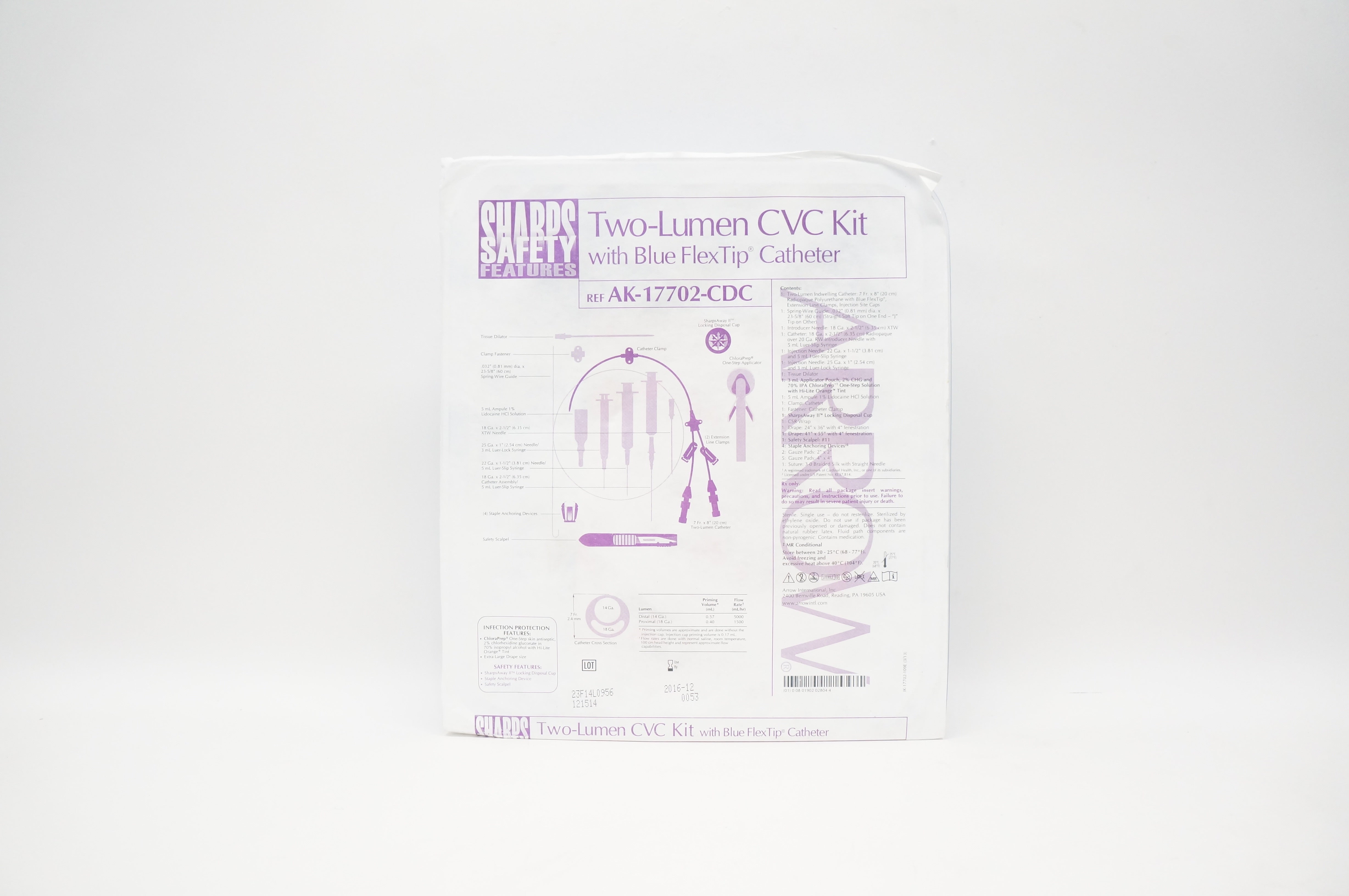 Arrow AK-17702-CDC Two-Lumen CVC Kit with Blue FlexTip Catheter (x)