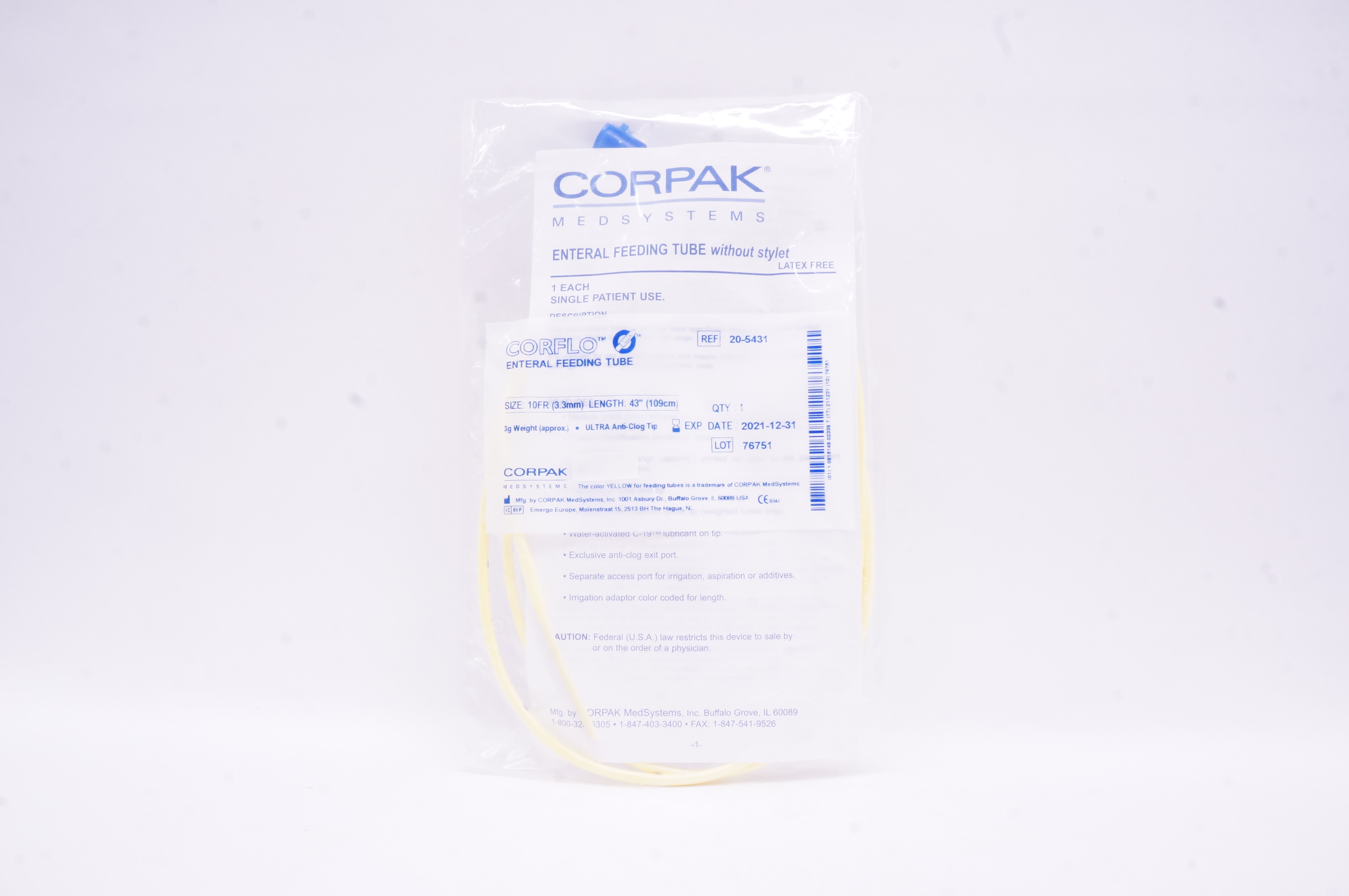 Corpak 20-5431 Corflo Enteral Feeding Tube 10 Fr x 43 inch