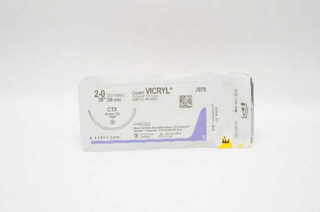 Ethicon J979 2-0 Coated VICRYL Polyglactin Stre CTX 48mm 1/2c Taper 36inch (x)