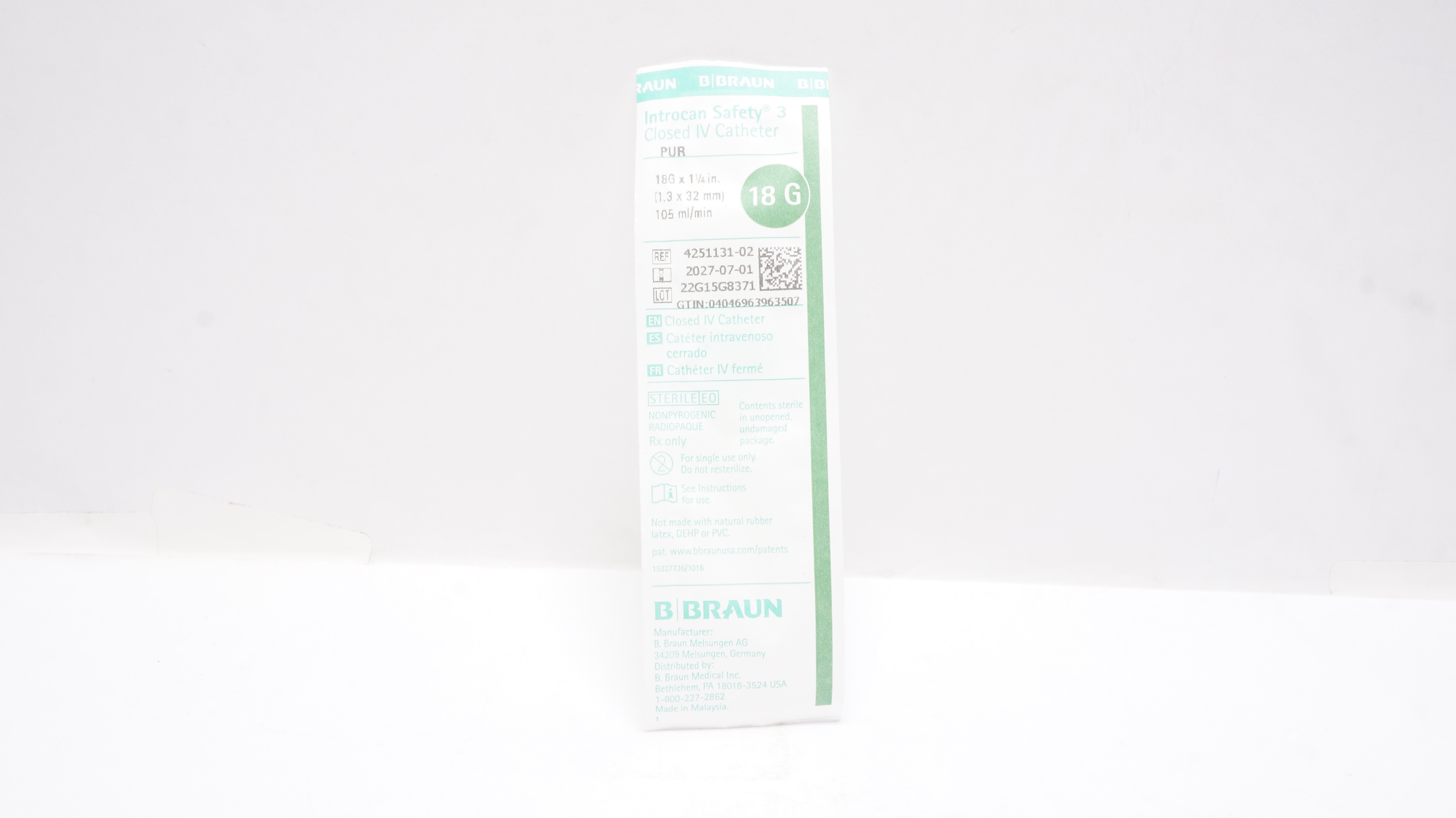 Braun 4251131-02 Introcan Safety 3 Closed IV Cath. 18G x 1-1/4inch 105mL/min