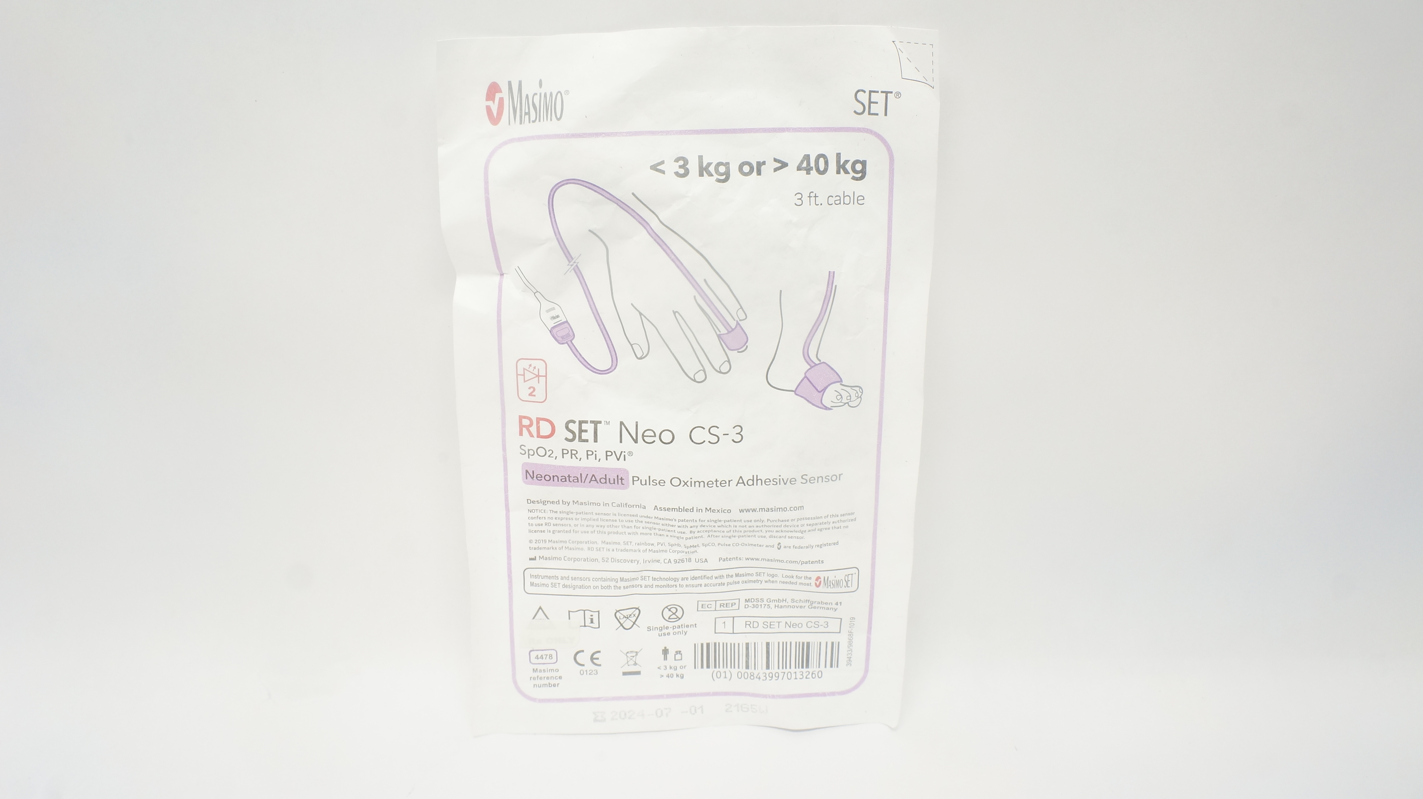 Masimo 4478 Neo CS-3 Neonatal/Adult Pulse Oximeter Adhesive Sensor <3kg or >40kg
