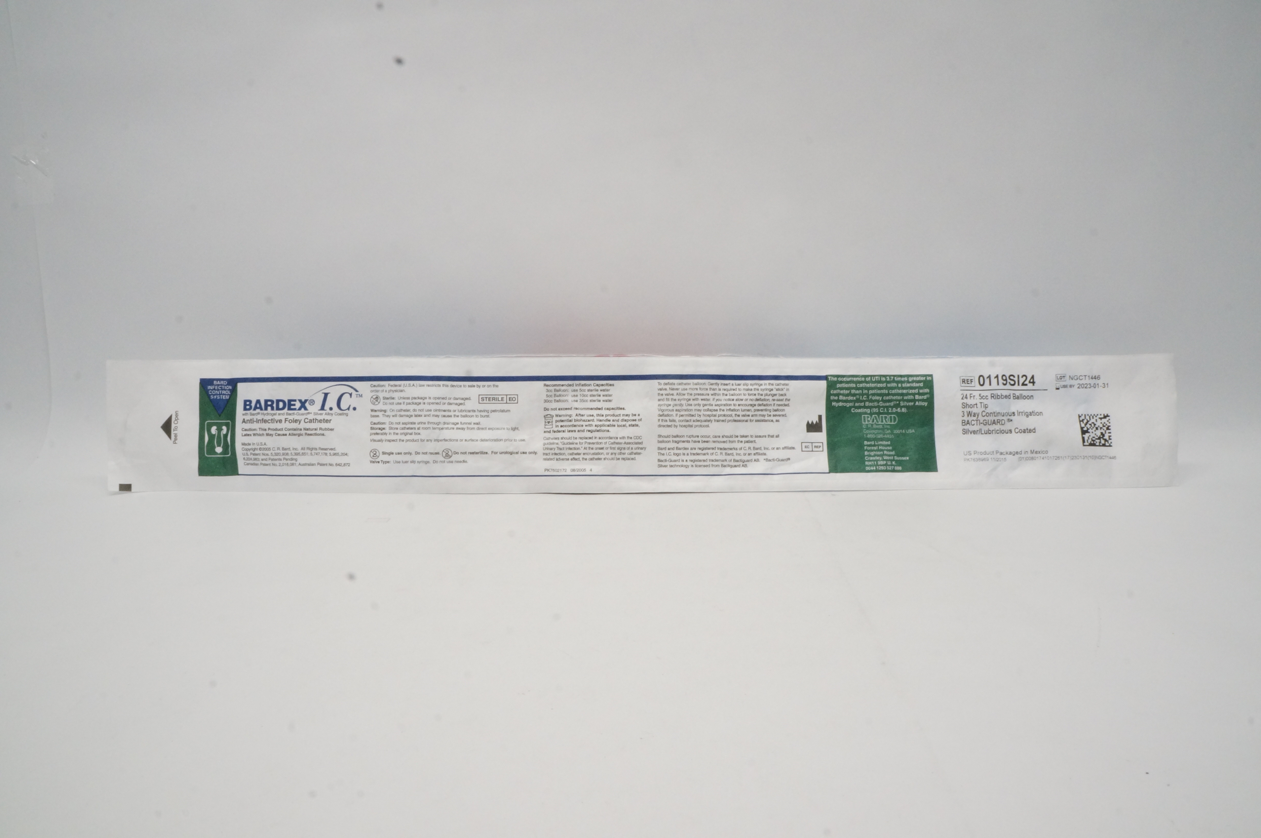 Bard 0119SI24 Bardex I.C. Anti-Infective Foley Cath. 24Fr 5cc Ribbed Balloon (x)