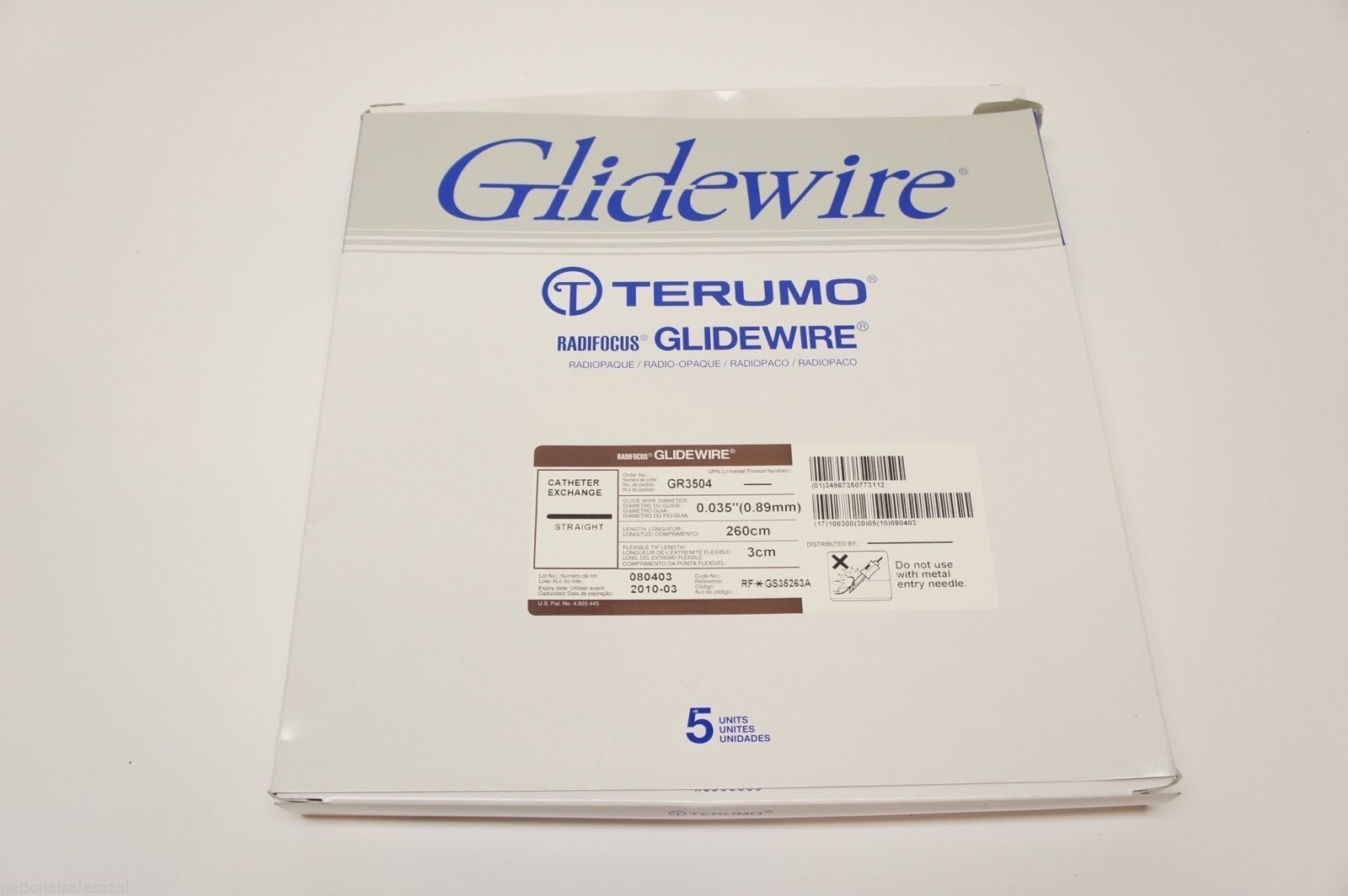 GR3504 ~ Terumo Glidewire 0.035inch x 260cm x 3cm (x) ~ Box of 5