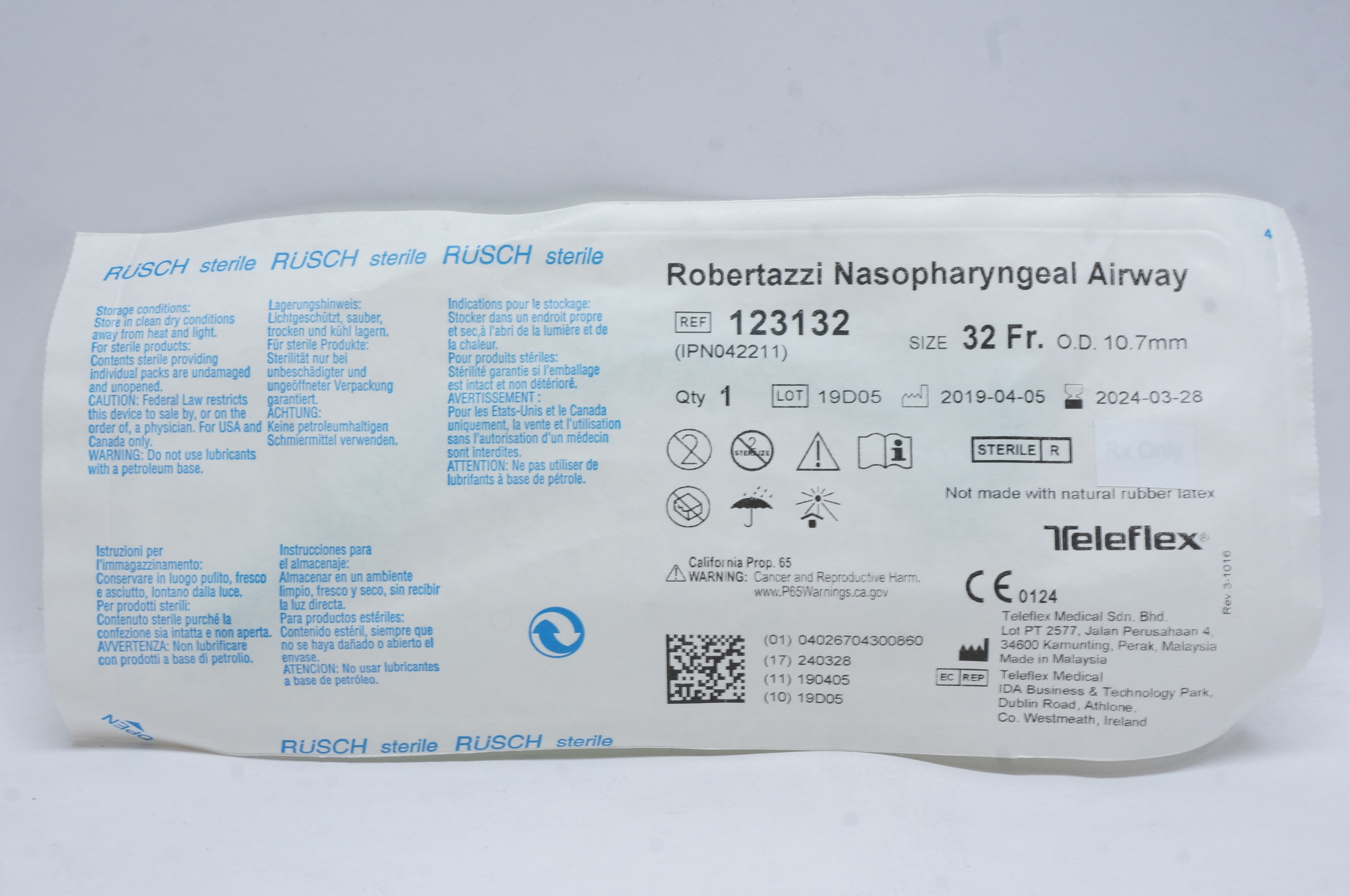 Teleflex 123132 Robertazzi Nasopharyngeal Airway 32Fr. x 10.7mm