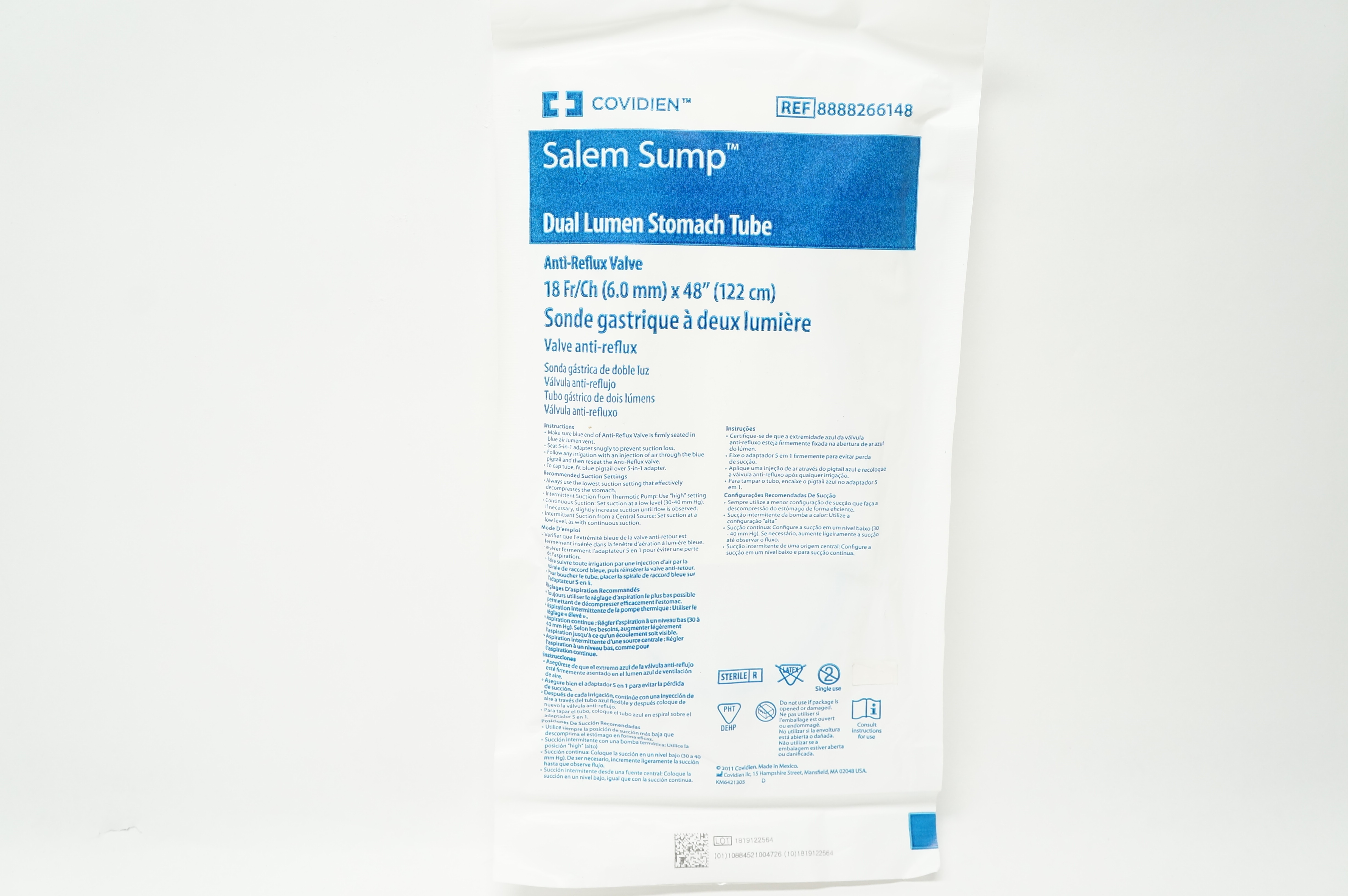 Covidien 8888266148 Salem Sump Dual Lumen Stomach Tube 18Fr/Ch x 48inch