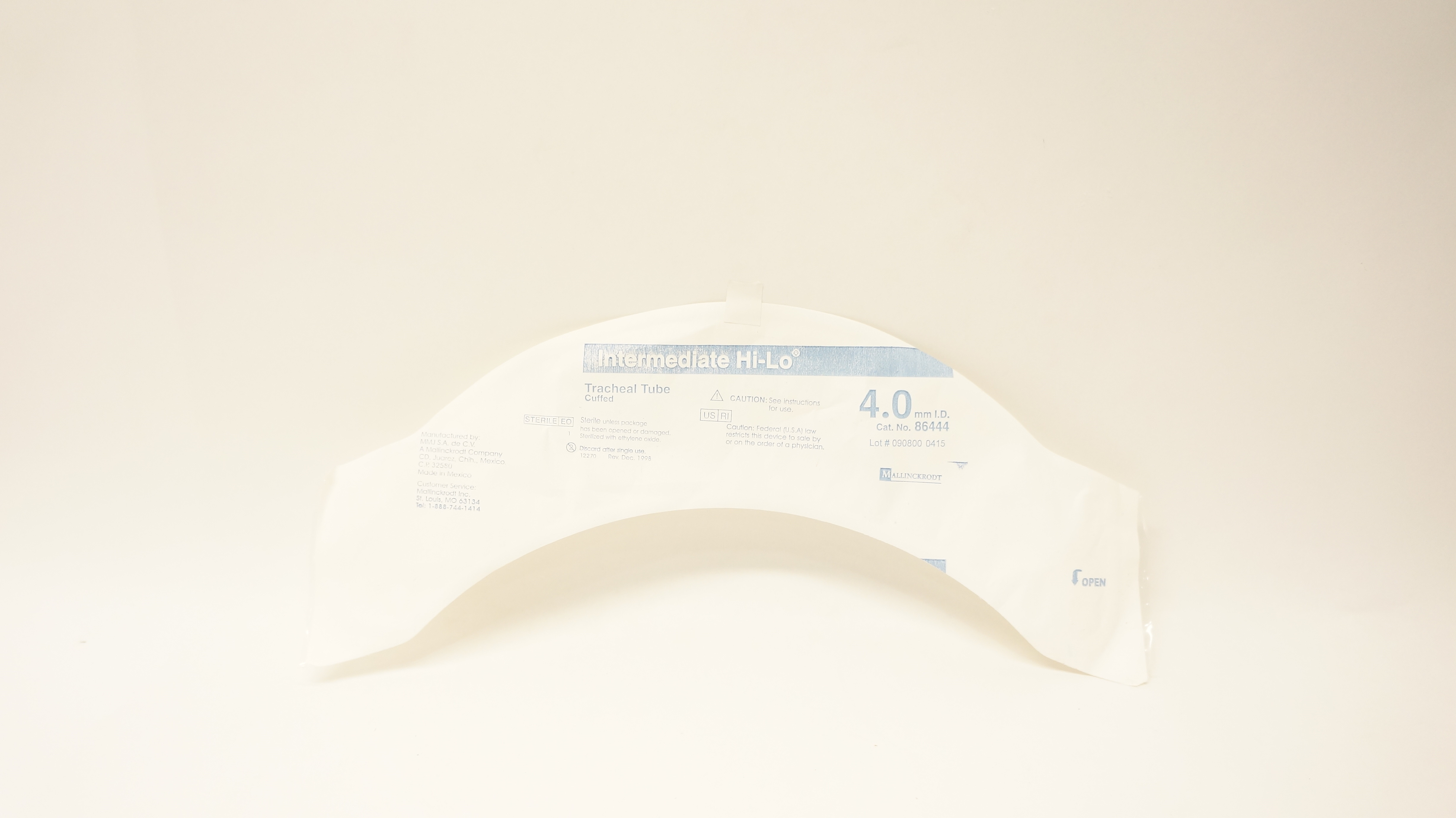 Mallinckrodt 86444 Hi-Lo Tracheal Tube Cuffed 4.0mm ID