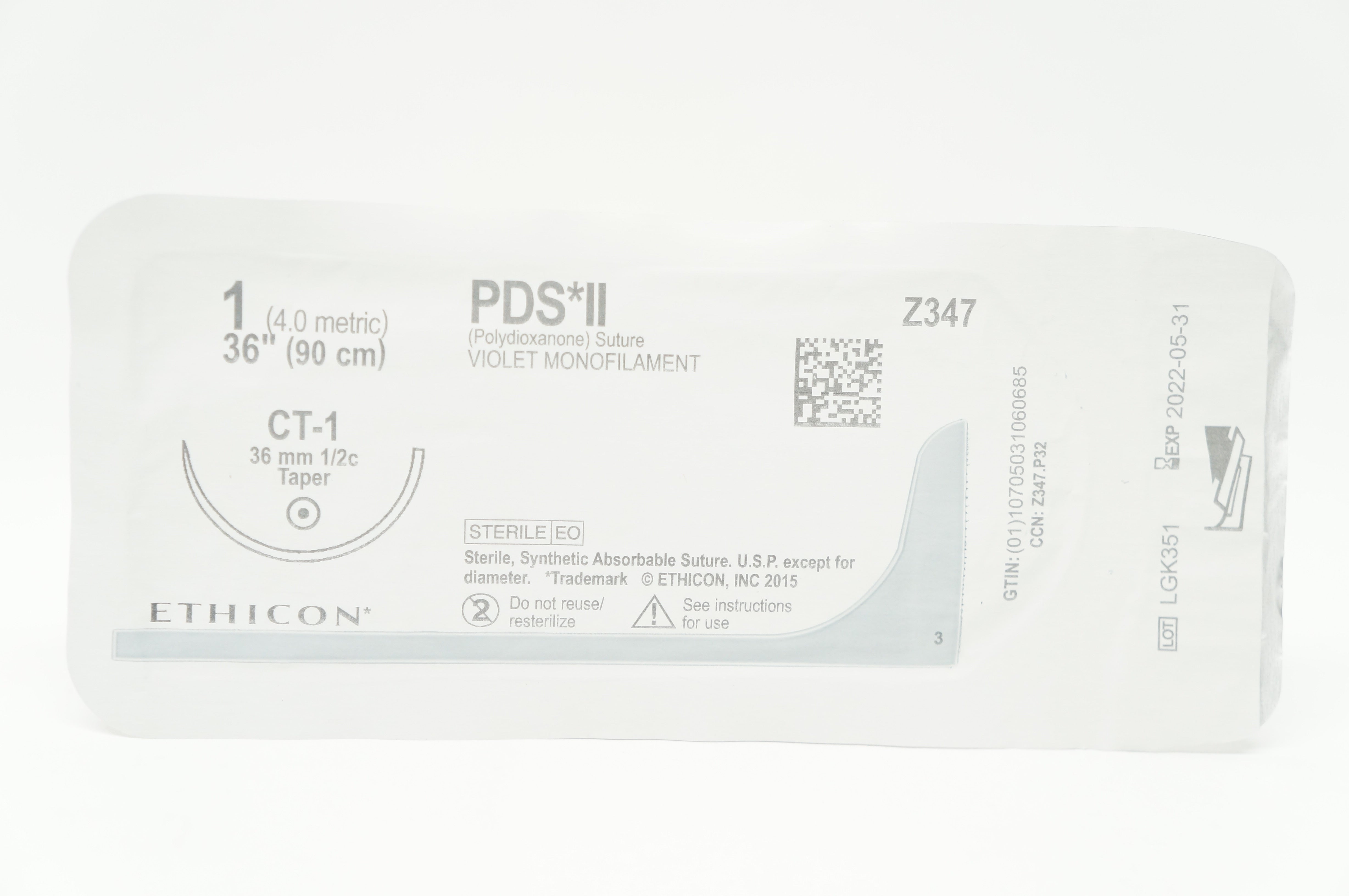 Ethicon Z347 1 PDS II Polydioxanone Stre CT-1, 36mm 1/2c Taper, 36inch