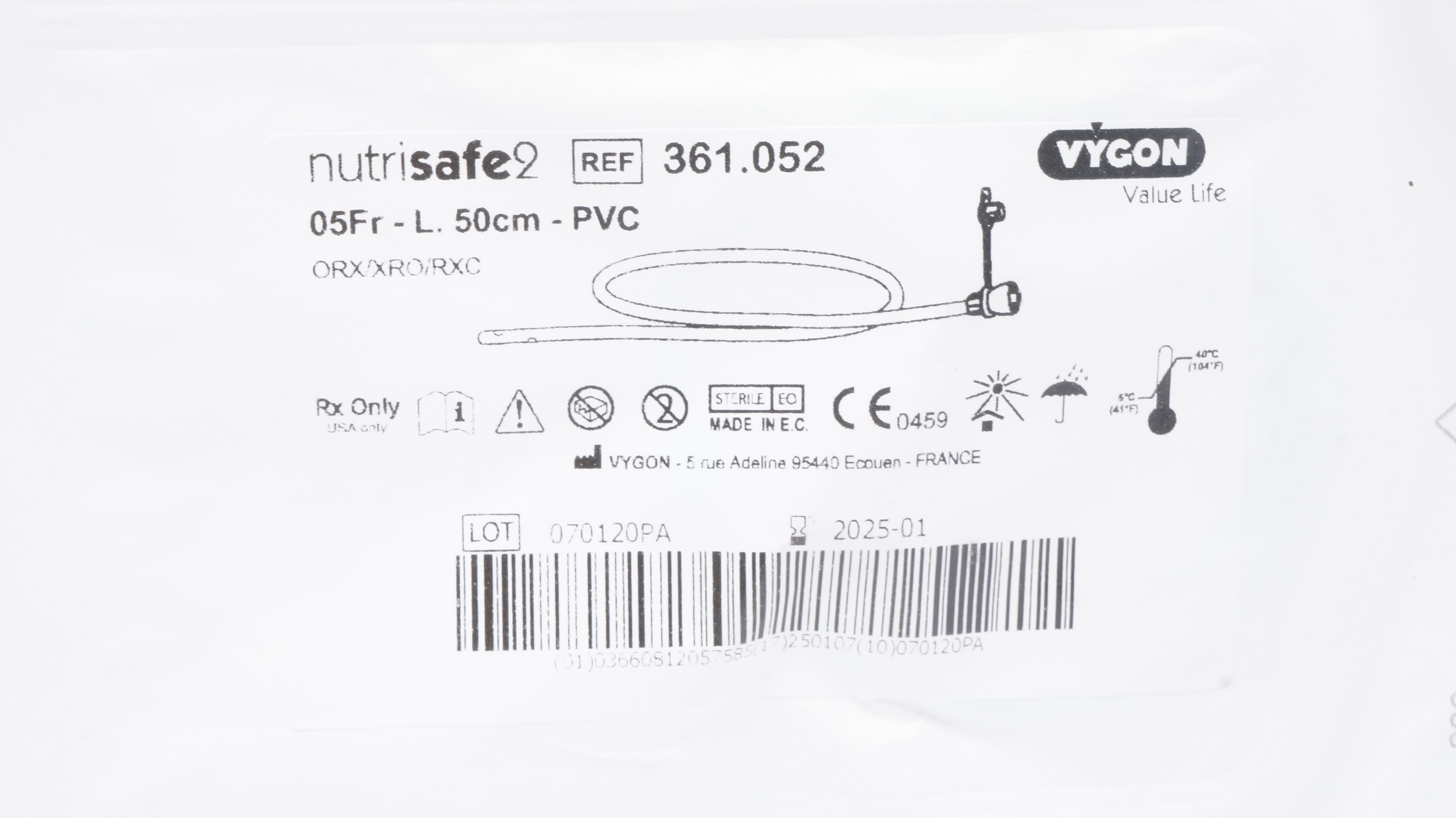Vygon 361.052 Value Life PVC DEHp-Free Feeding Tube 05Fr x L.50cm