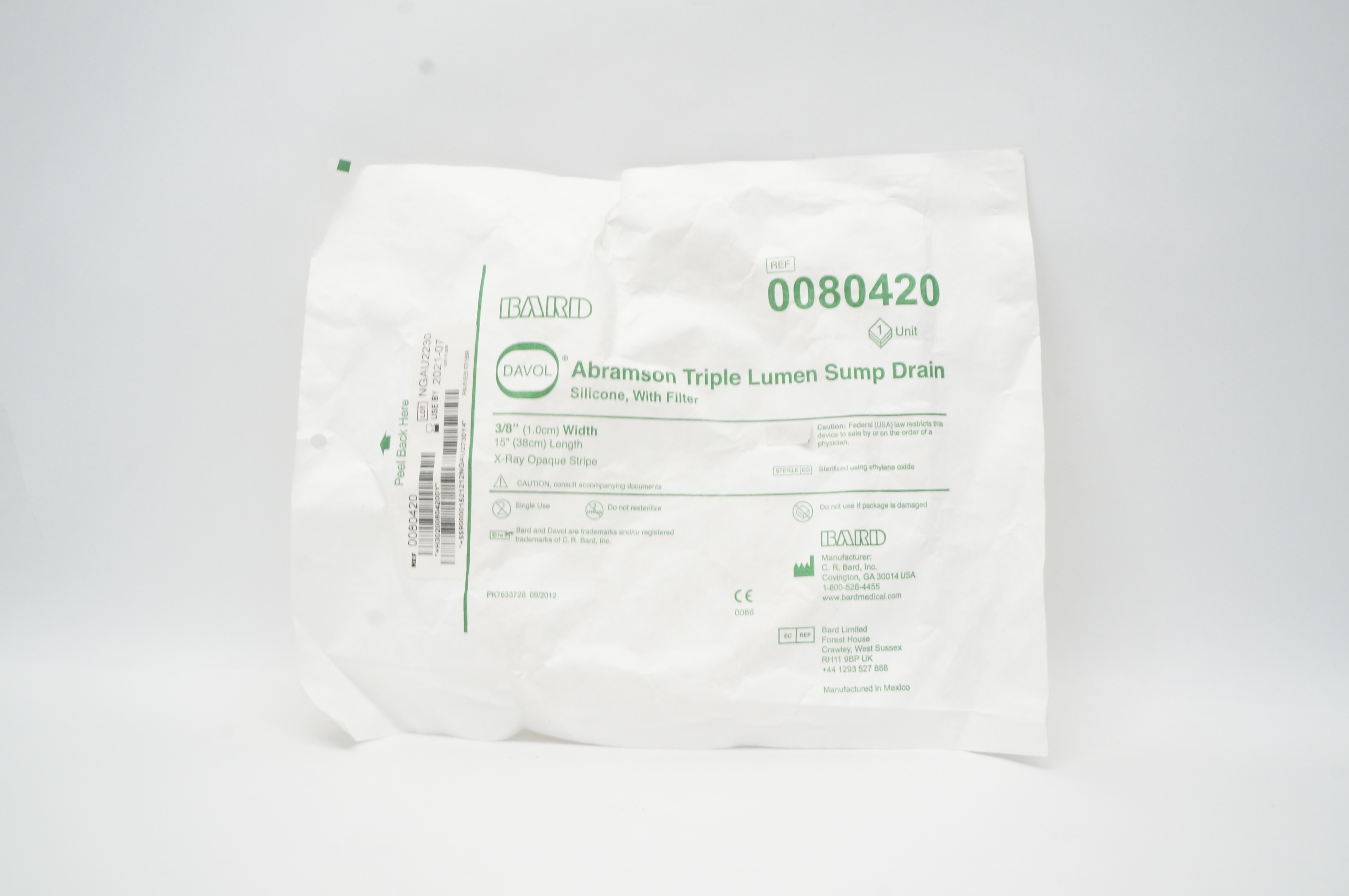 Bard 0080420 Abramson Triple-Lumen Sump Drain with Filter, Silicone