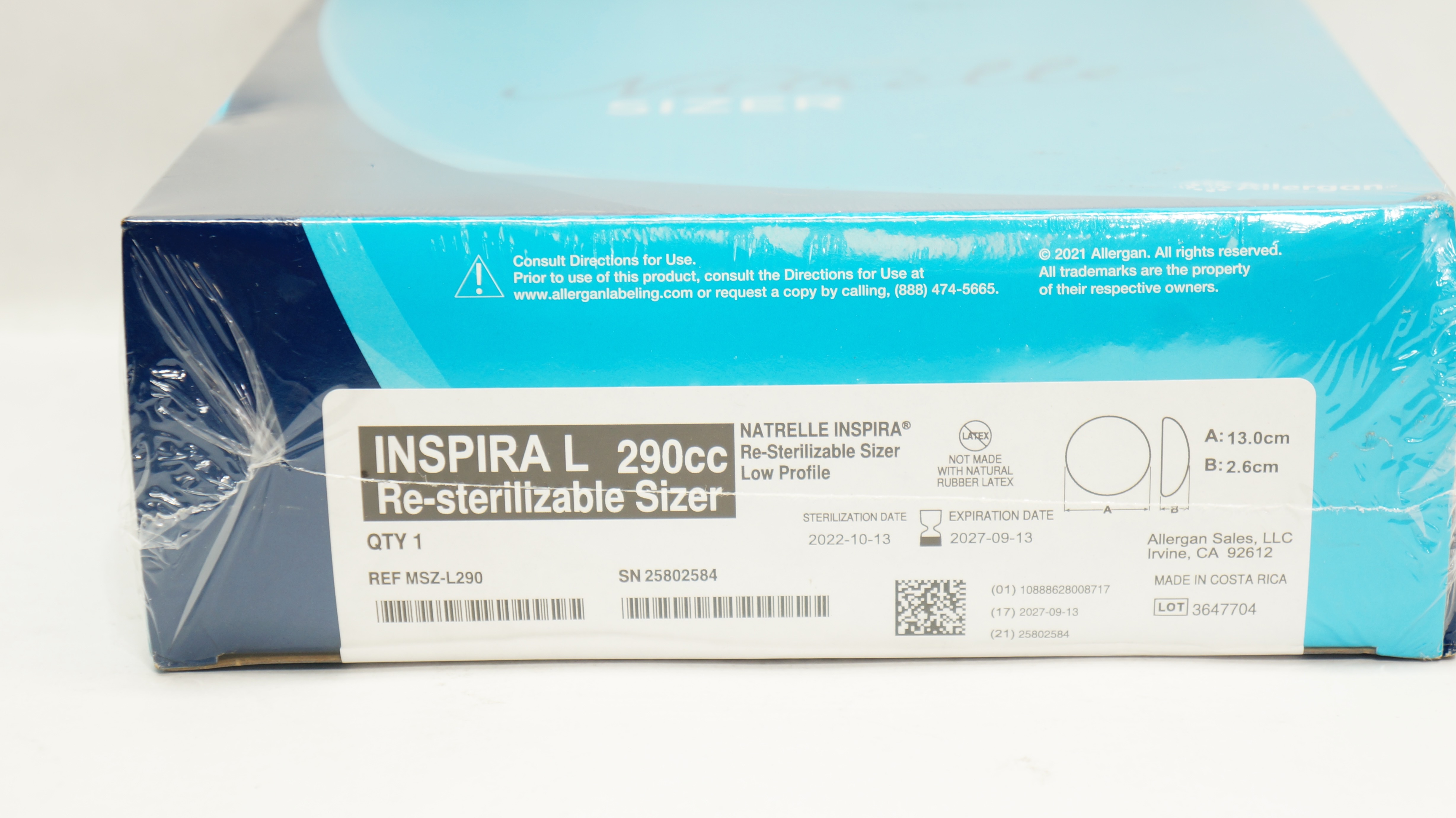 Allergan MSZ-L290 Natrelle Inspira Re-Sterilizable Sizer 13.0cm x 2.6cm