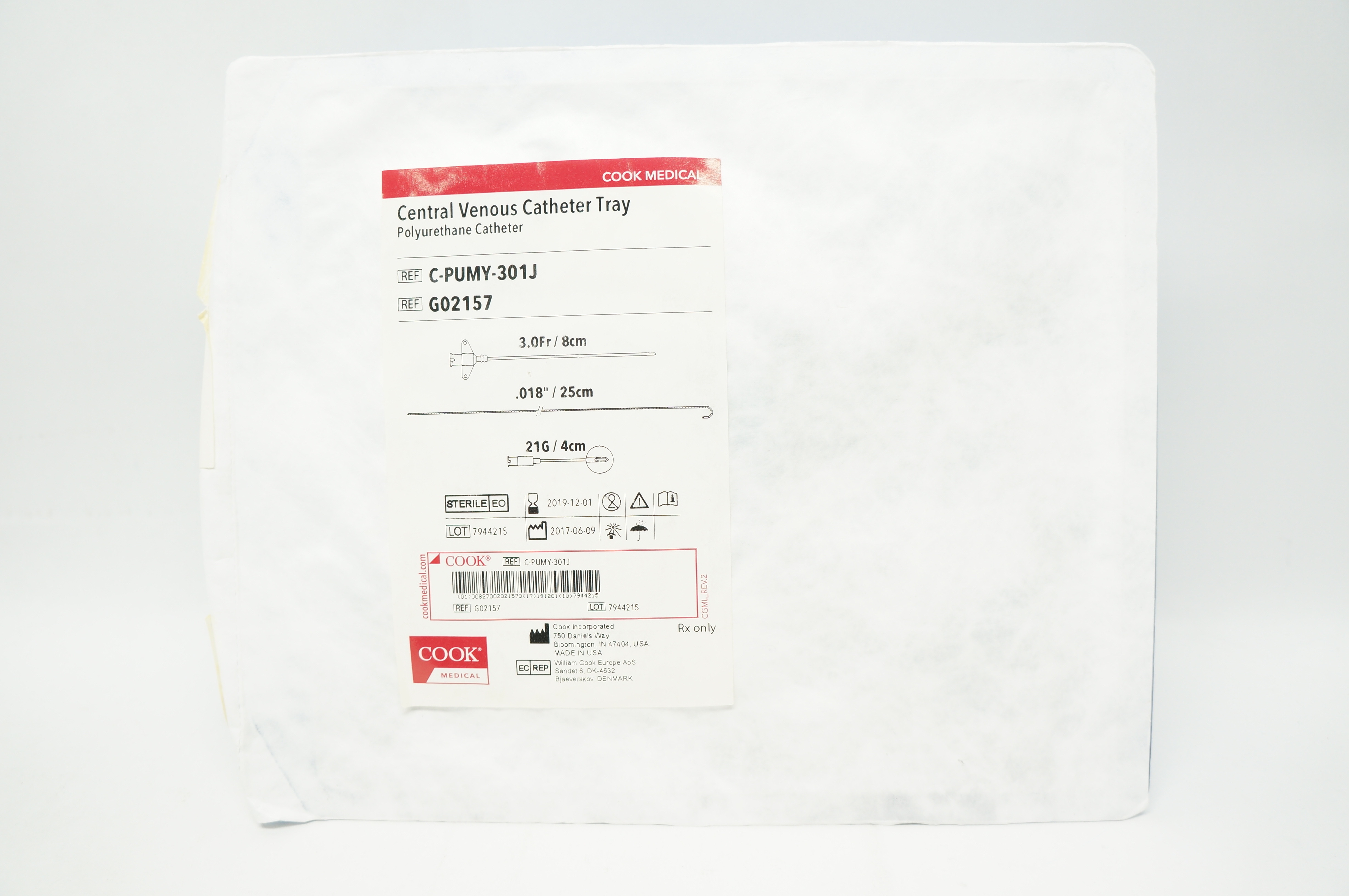 Cook Medical G02157 Central Venous Cath. Tray 3.0Fr x .018 inch x 21G (x)