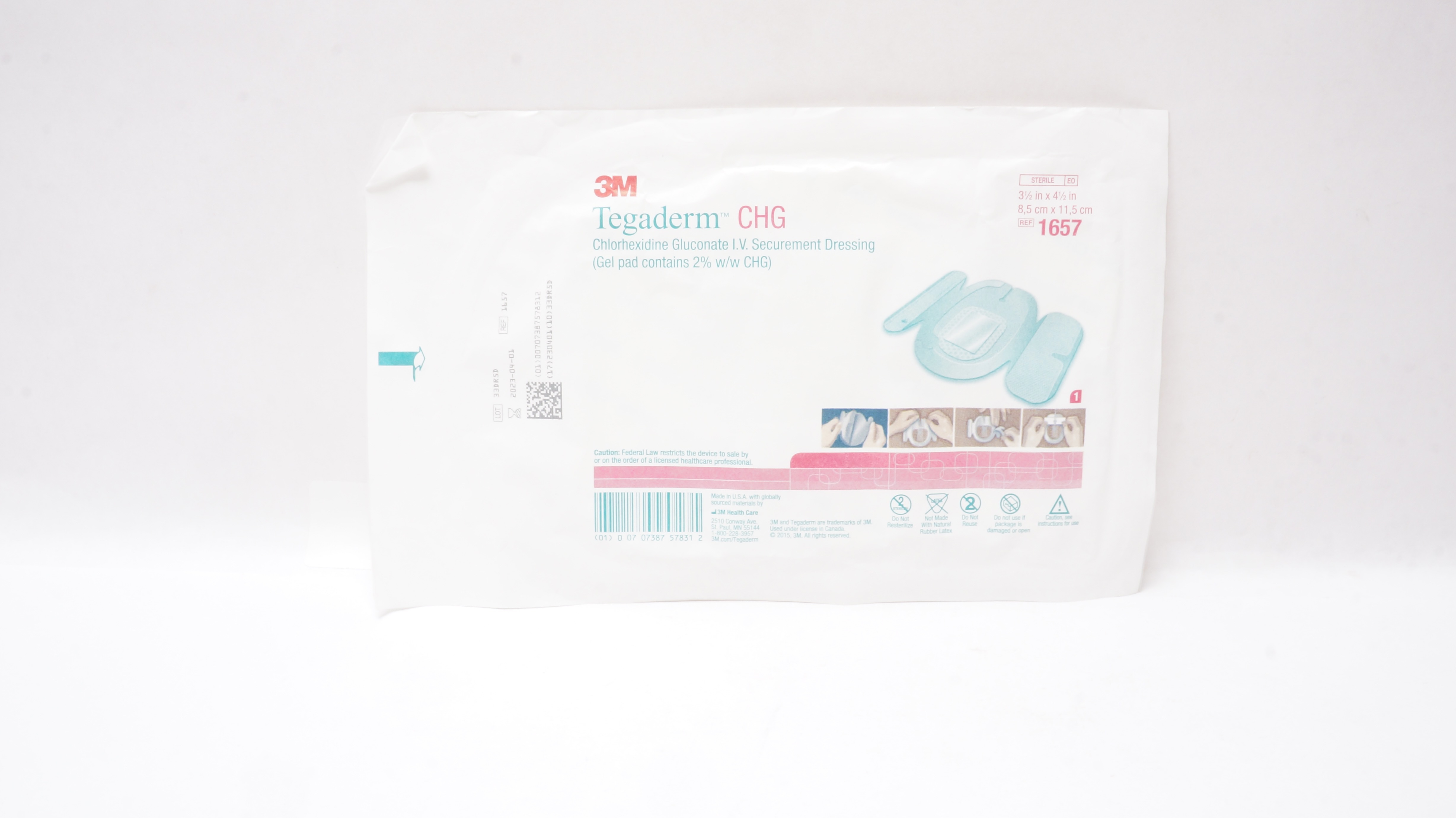 3M 1657 CHG Chlorhexidine Gluconate I.V. Securement Dressing 3-1/2in. x 4-1/2in.