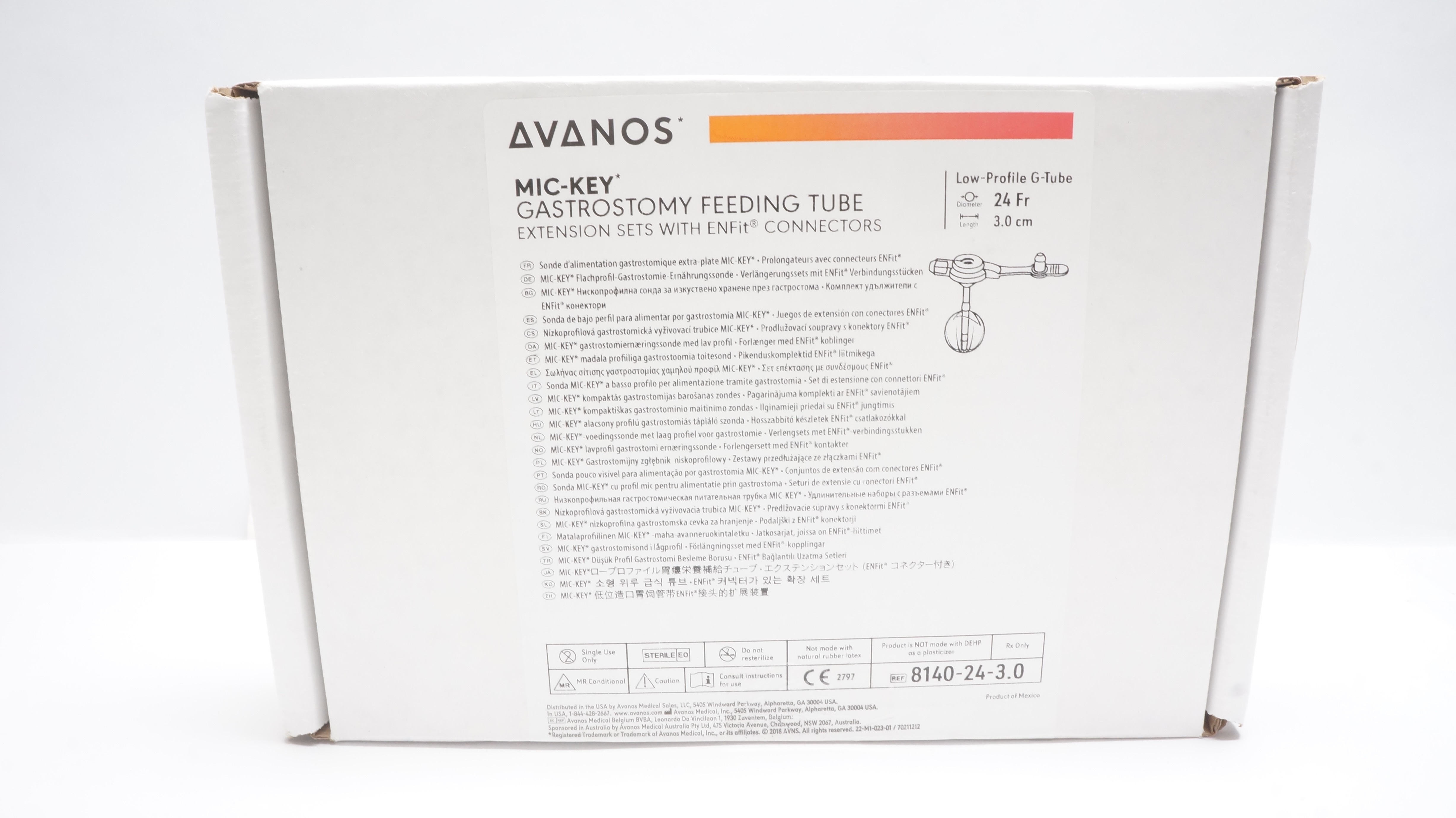 Avanos 8140-24-3.0 Mic-Key Gastrostomy Feeding Tube w/Connectors 24Fr x 3.0cm(x)