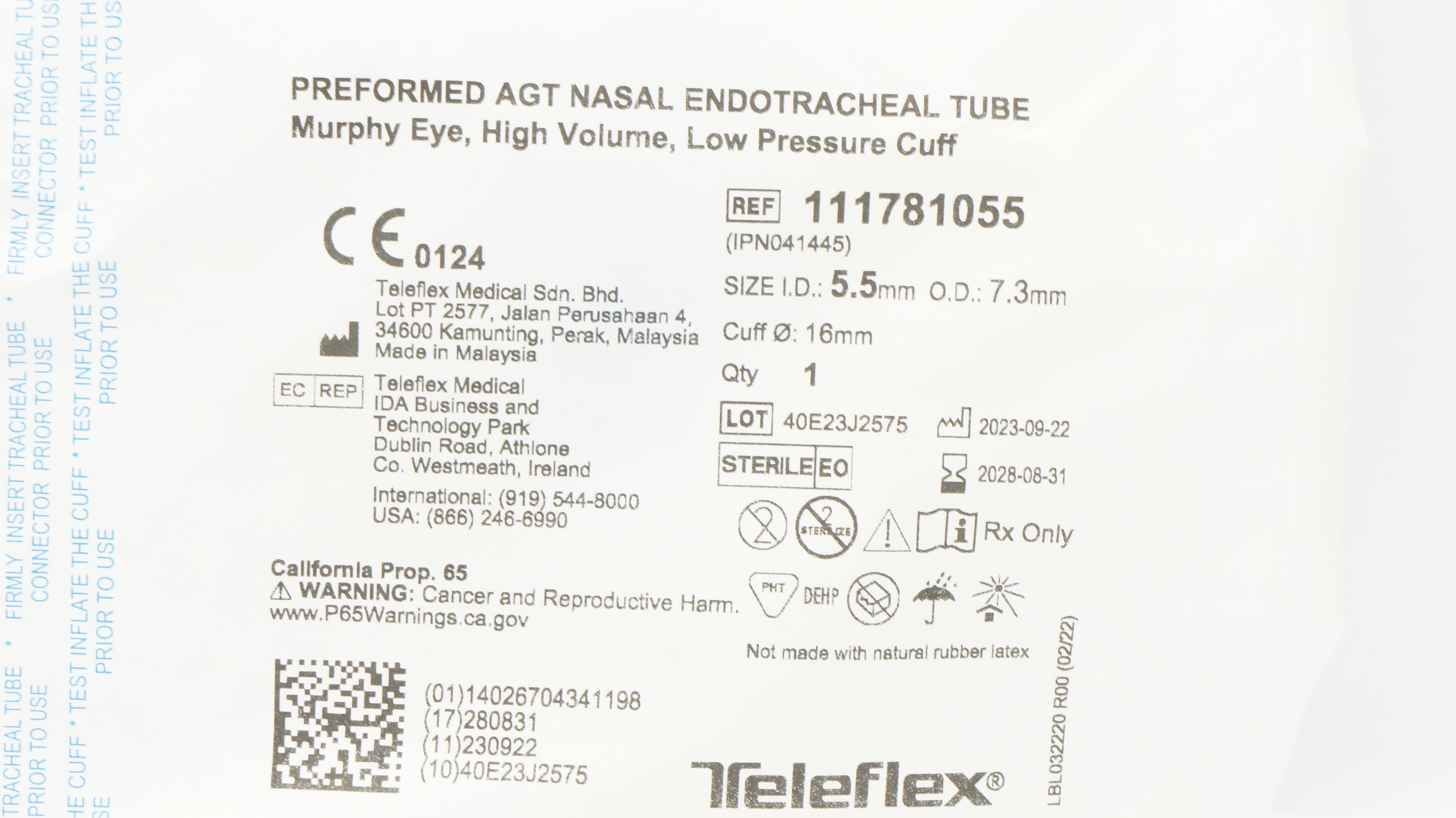 Teleflex 111781055 Preformed AGT Nasal Endotracheal Tube 5.5 ID x 7.3OD x 16mm