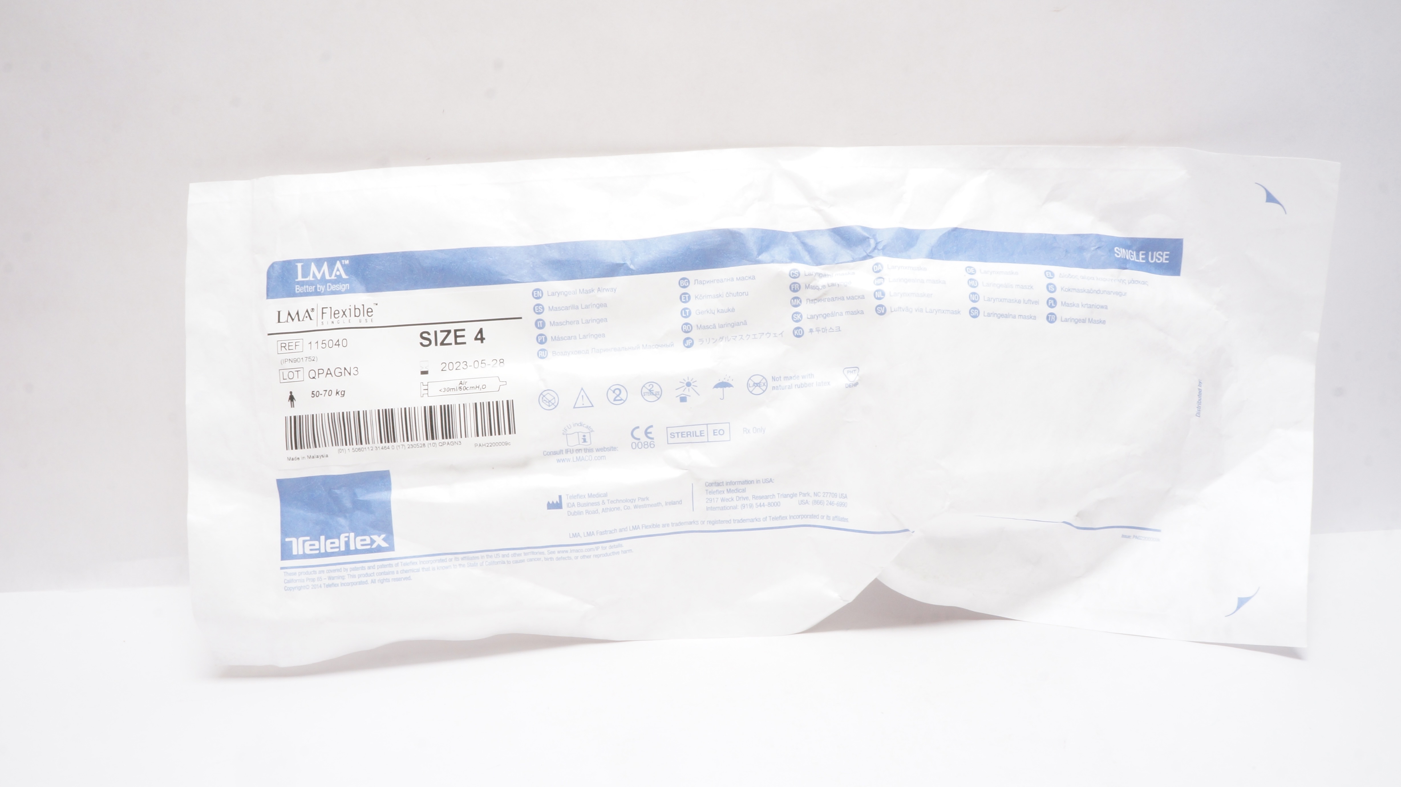 Teleflex 115040 Laryngeal Mask Airway Size 4 50-70kg Air<30ml/60cm H2O (x)