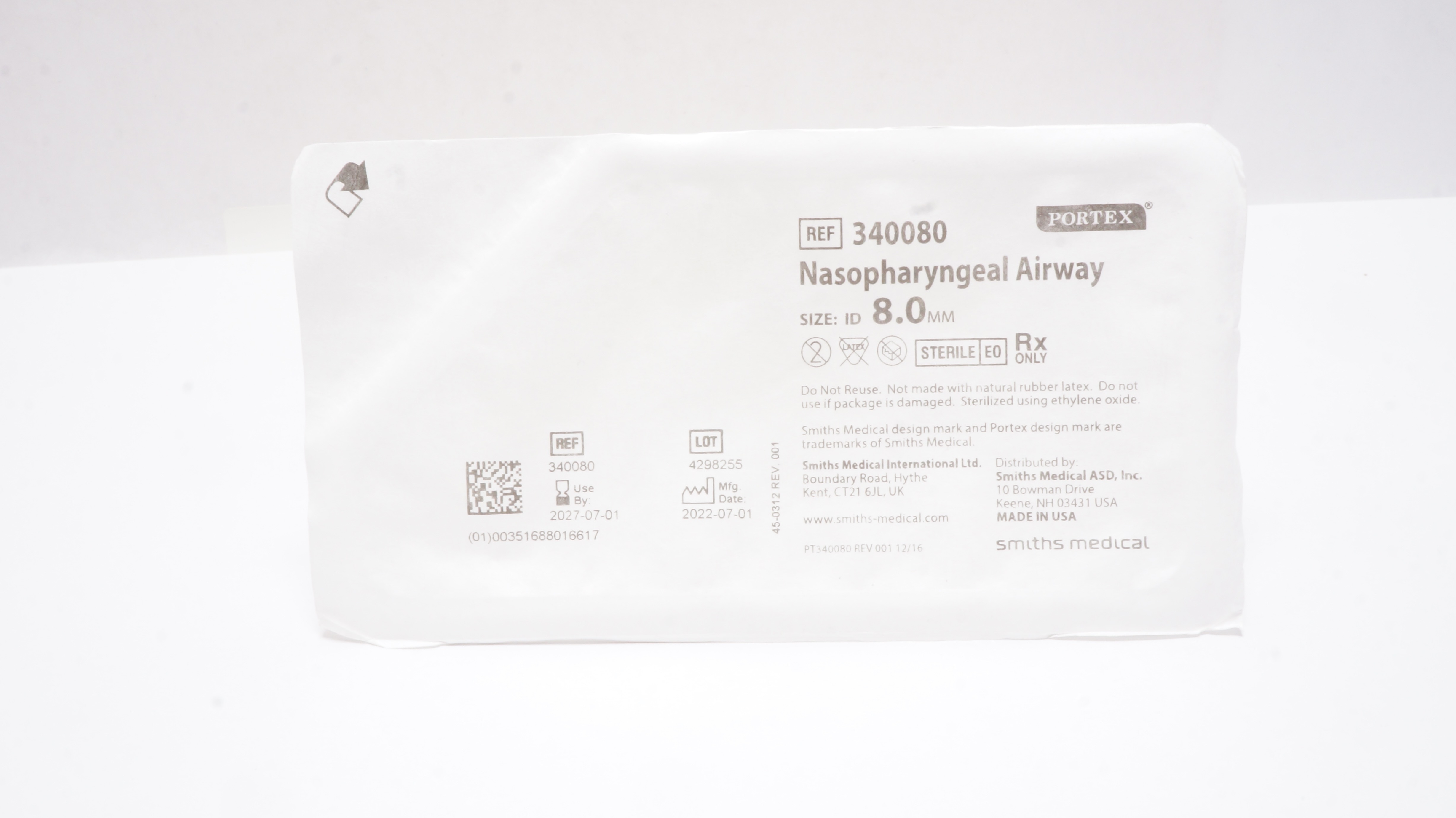 Smiths Medical 340080 Portex Nasopharyngeal Airway 8.0mm ID