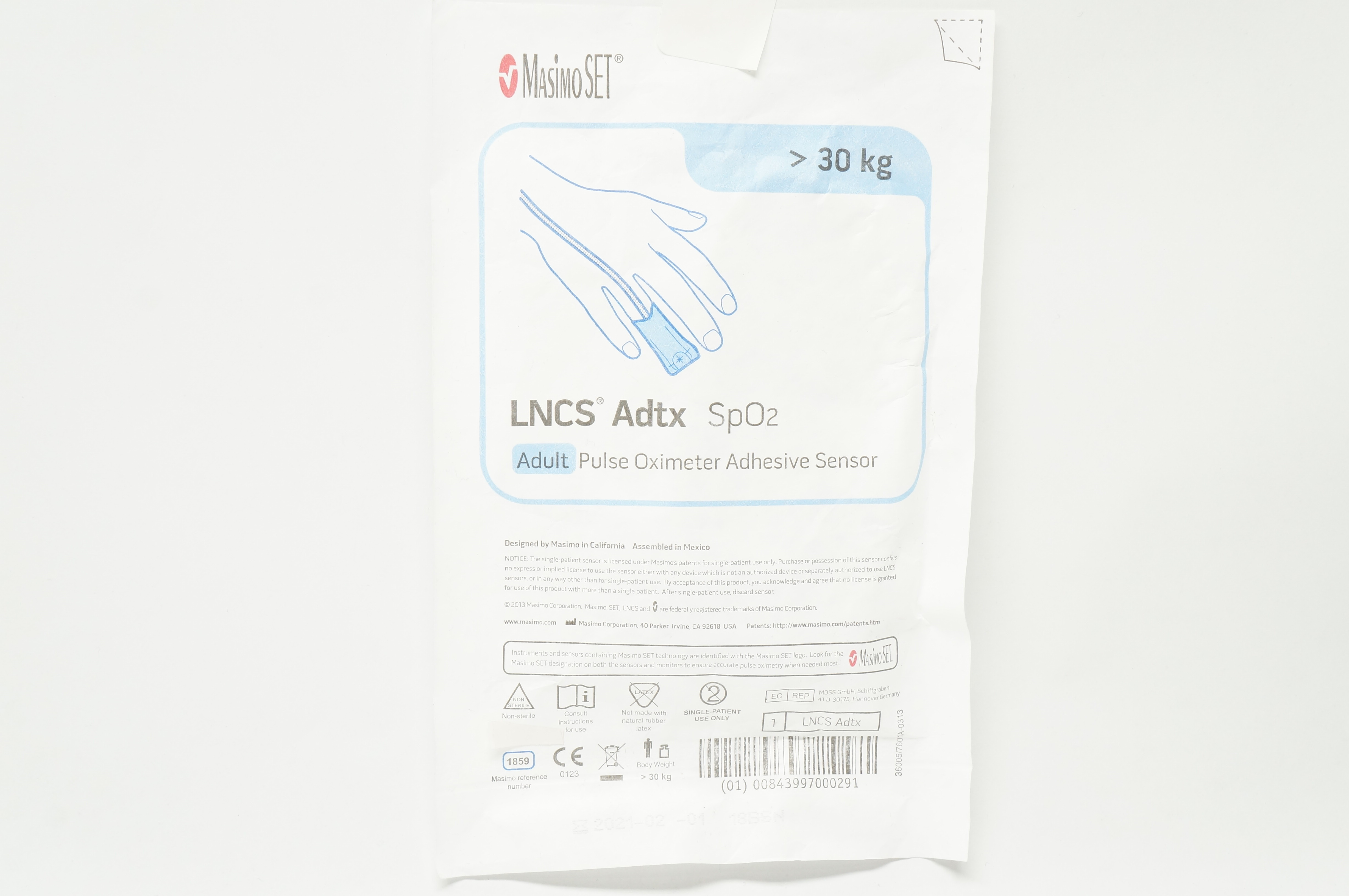 Masimo 1859 LNCS Adtx SpO2 Adult Pulse Oximeter Adhesive Sensor >30 kg (x)